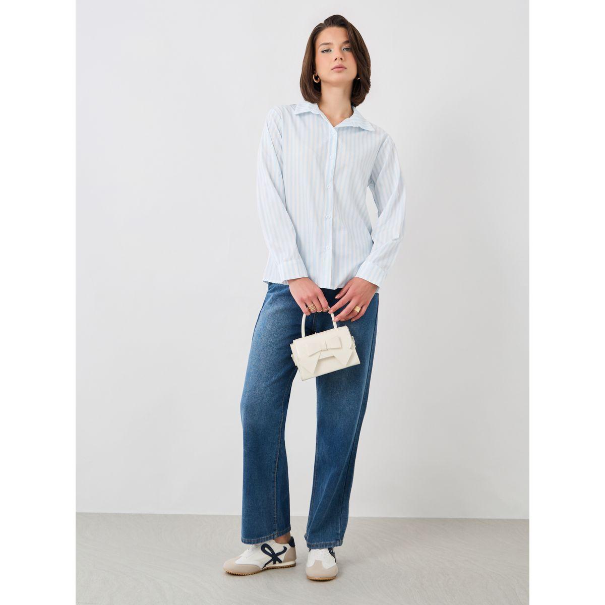 بلوزة مخططة فضفاضة بياقة سبريد وأكمام طويلة-women-clothing-shirtsandblouses-shirts-image-2
