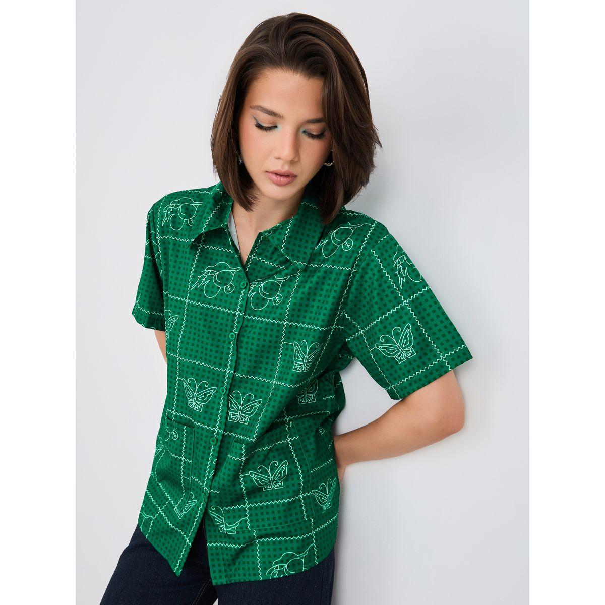 Styli Butterfly Print Spread Collar Short Sleeve Shirt-women-clothing-shirtsandblouses-shirts-image-1