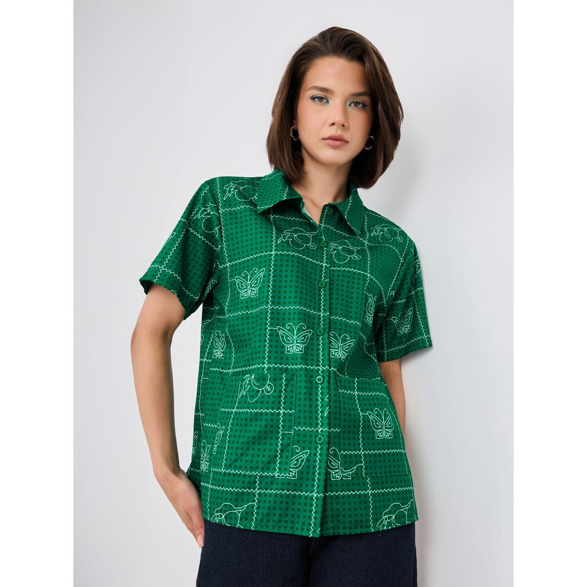 Styli Butterfly Print Spread Collar Short Sleeve Shirt-women-clothing-shirtsandblouses-shirts-image-3
