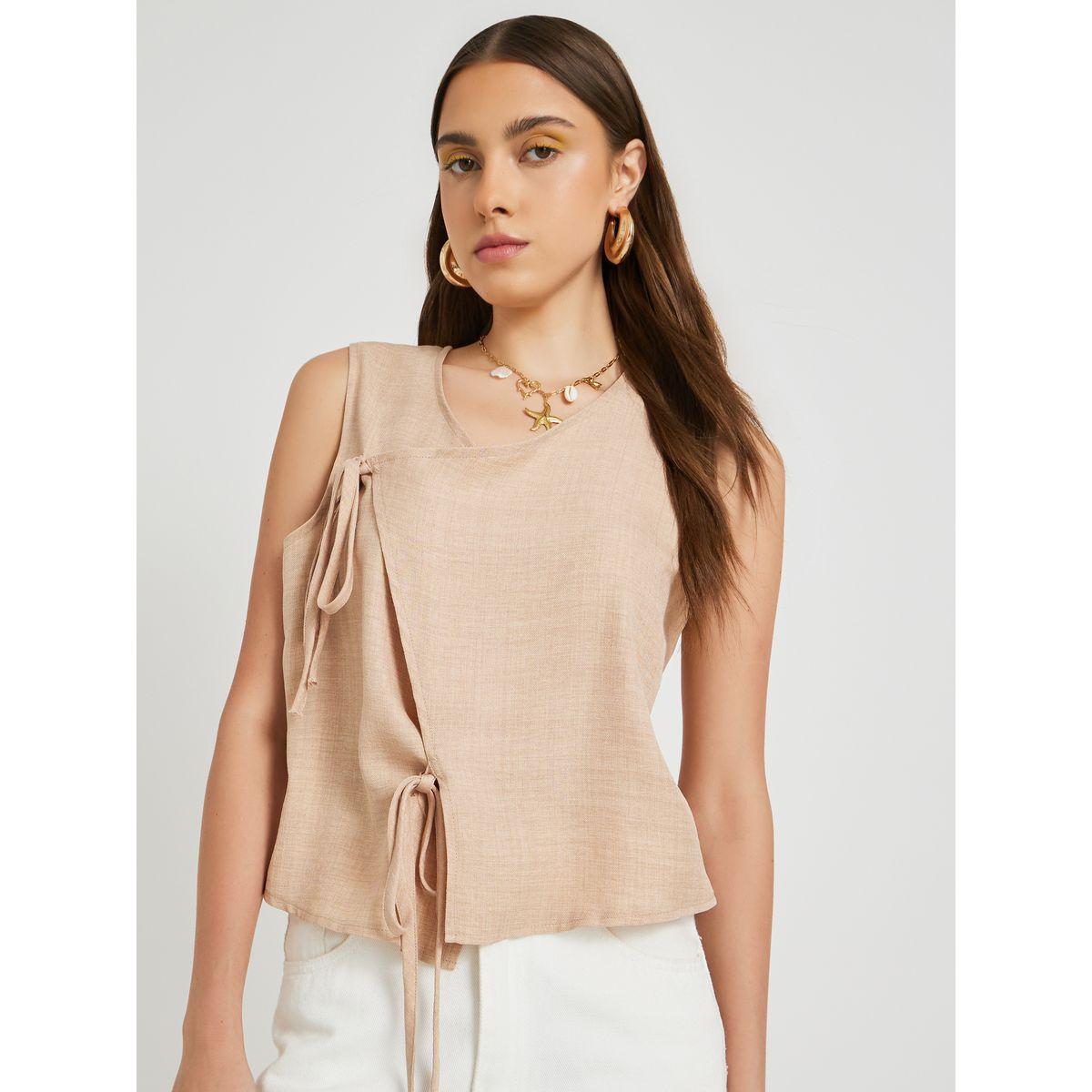 بلوزة سادة بلا أكمام ونمط لف مع أربطة-women-clothing-shirtsandblouses-blouses-image-3