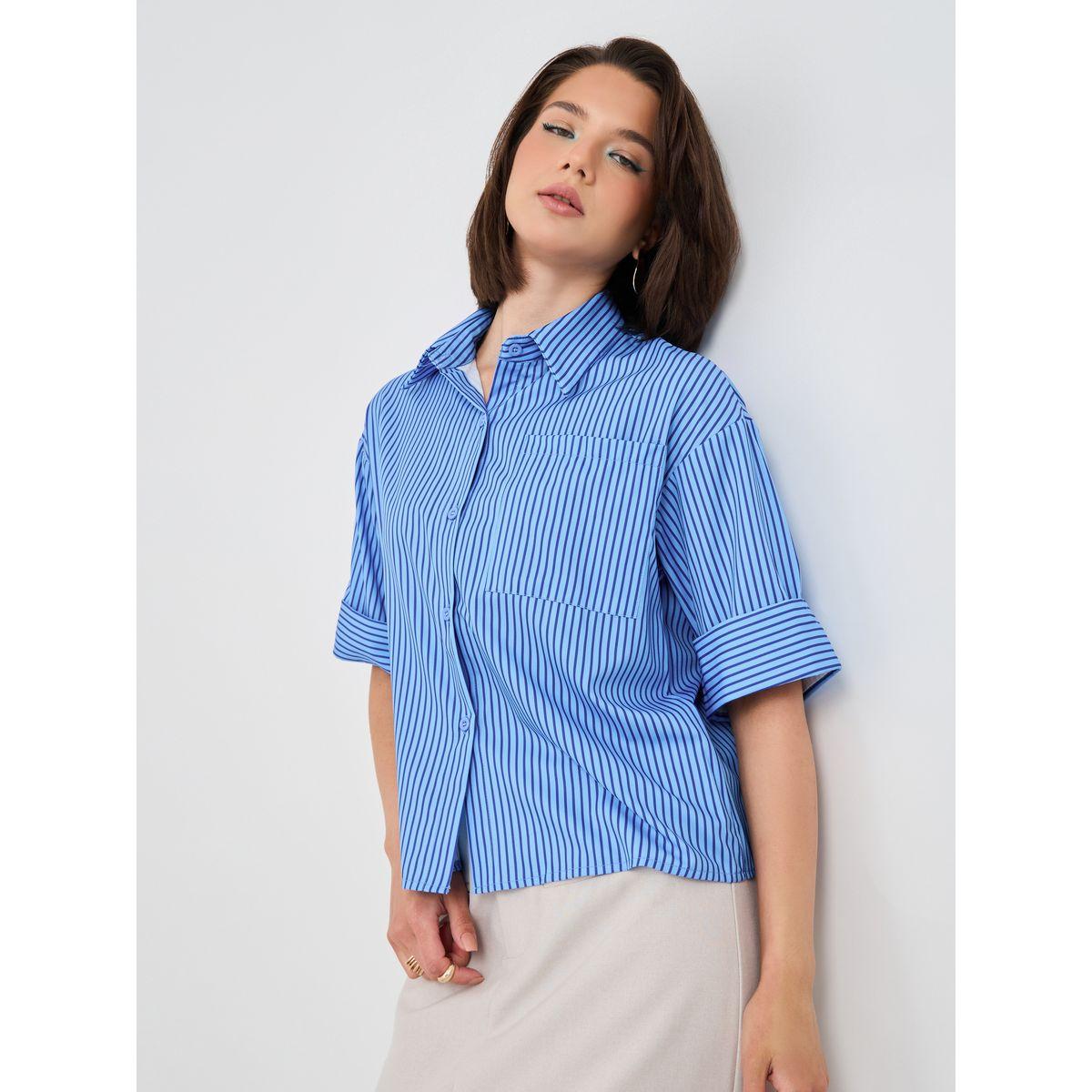 Styli Striped Short Sleeve Spread Collar Shirt-women-clothing-shirtsandblouses-shirts-image-1