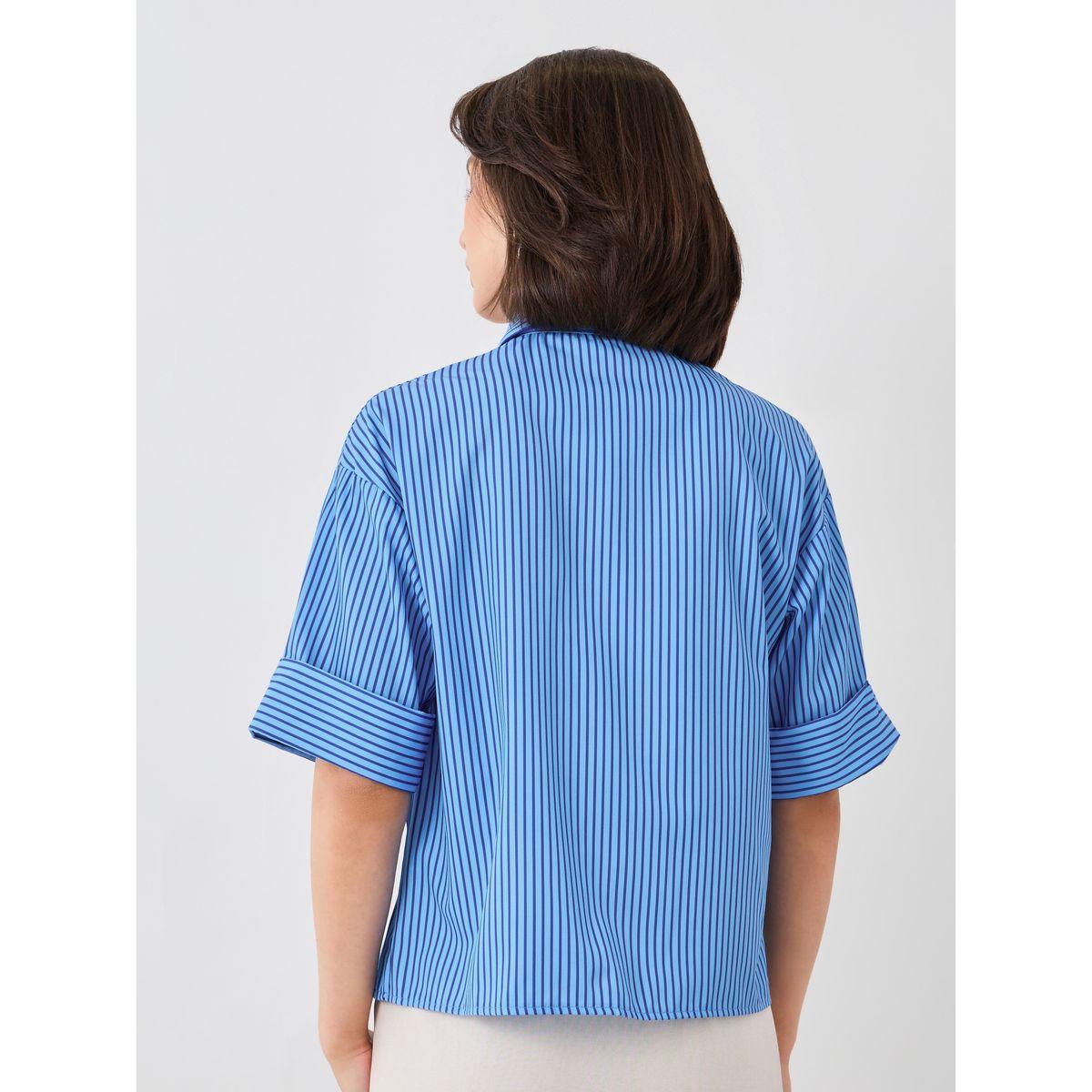بلوزة مخططة بياقة سبريد وأكمام قصيرة-women-clothing-shirtsandblouses-shirts-image-4