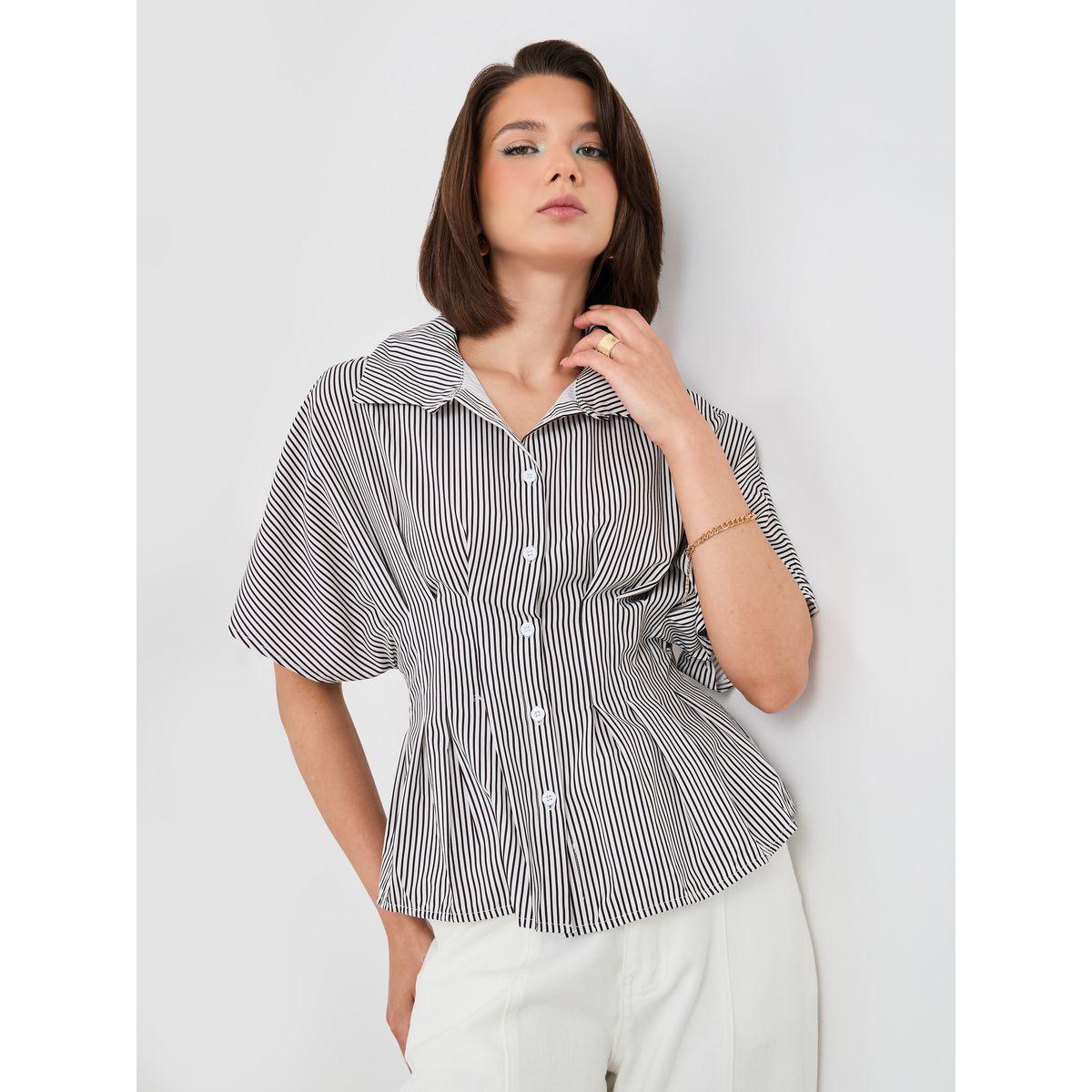 Styli Striped Buttoned Shirt with Pleated Detail-women-clothing-shirtsandblouses-shirts-image-1