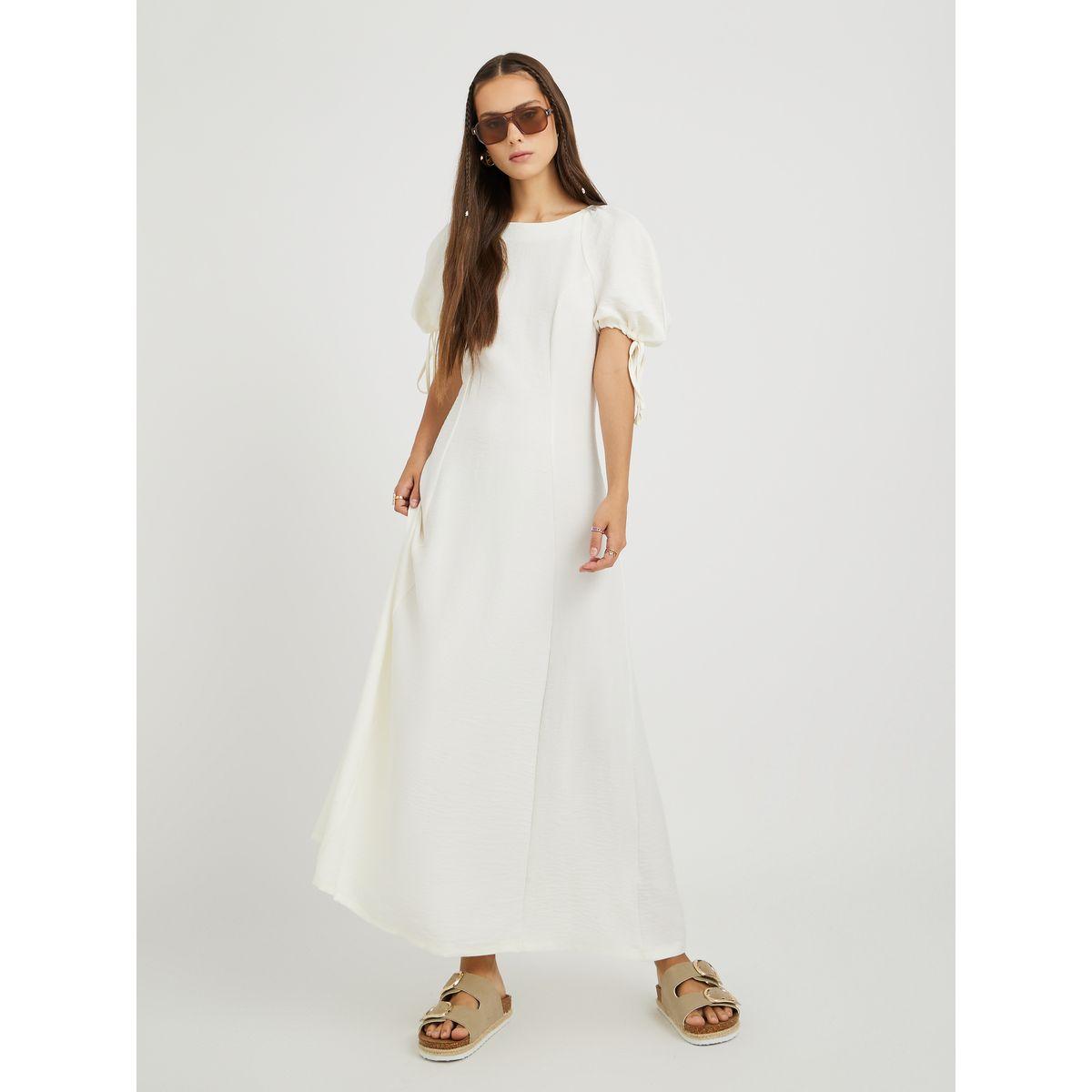 Styli Solid Puff Sleeves Round Neck A-Line Maxi Dress-women-clothing-dresses-image-1