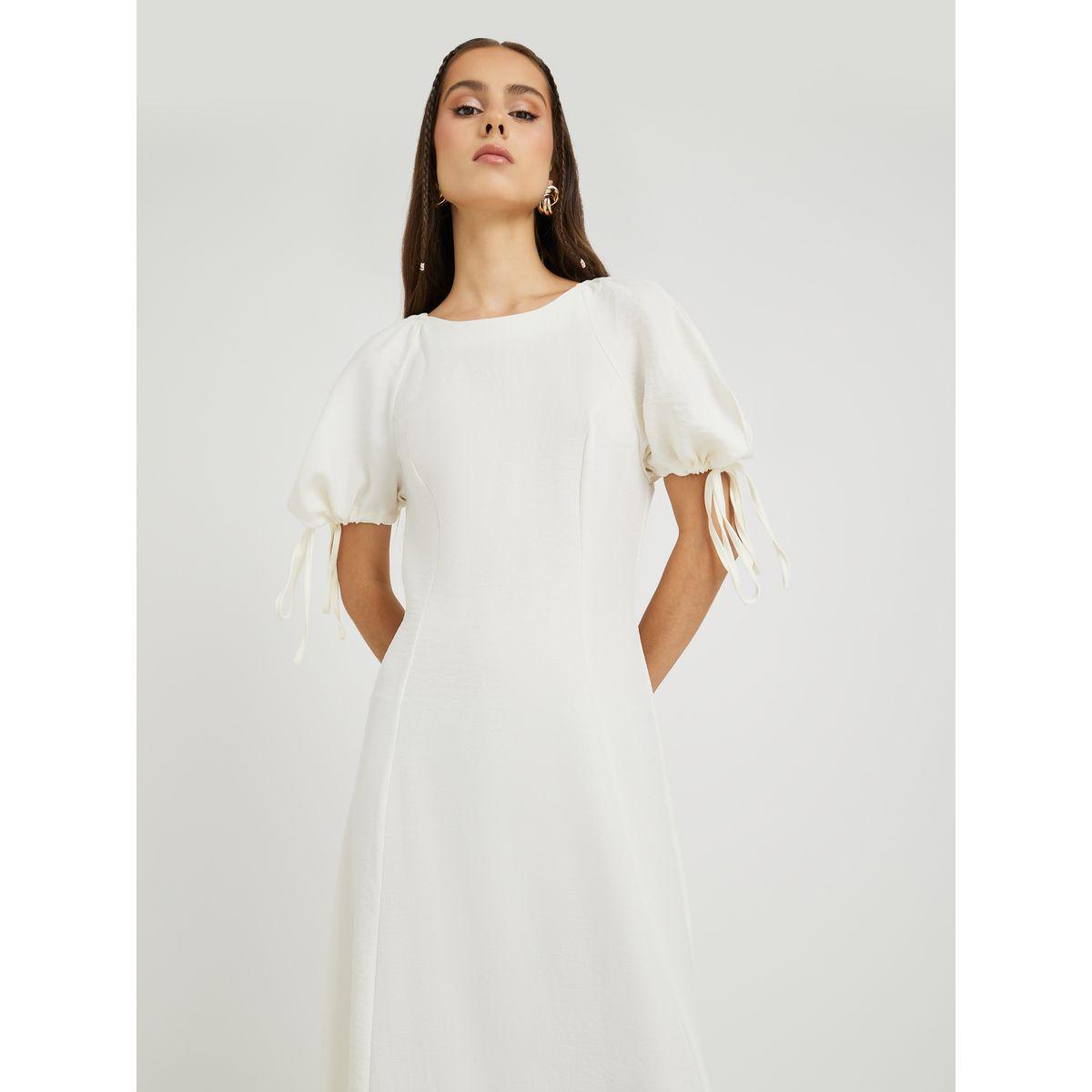 Styli Solid Puff Sleeves Round Neck A-Line Maxi Dress-women-clothing-dresses-image-2