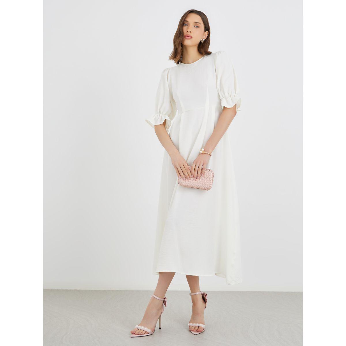 Styli Solid Puff Sleeve Round Neck A-Line Midi Dress-women-clothing-dresses-image-1