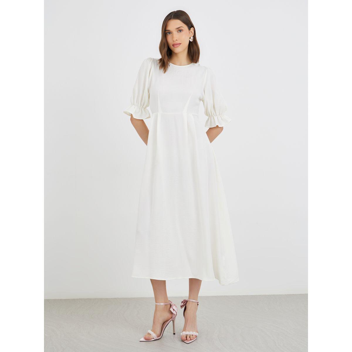 Styli Solid Puff Sleeve Round Neck A-Line Midi Dress-women-clothing-dresses-image-2