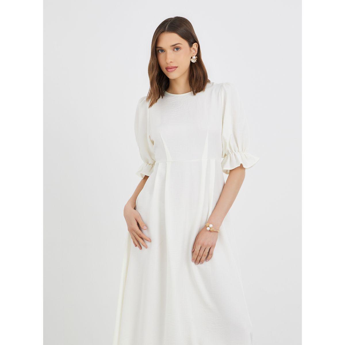 Styli Solid Puff Sleeve Round Neck A-Line Midi Dress-women-clothing-dresses-image-3