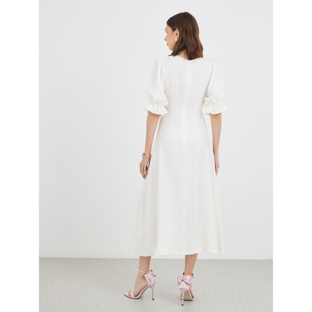 Styli Solid Puff Sleeve Round Neck A-Line Midi Dress-women-clothing-dresses-image-5