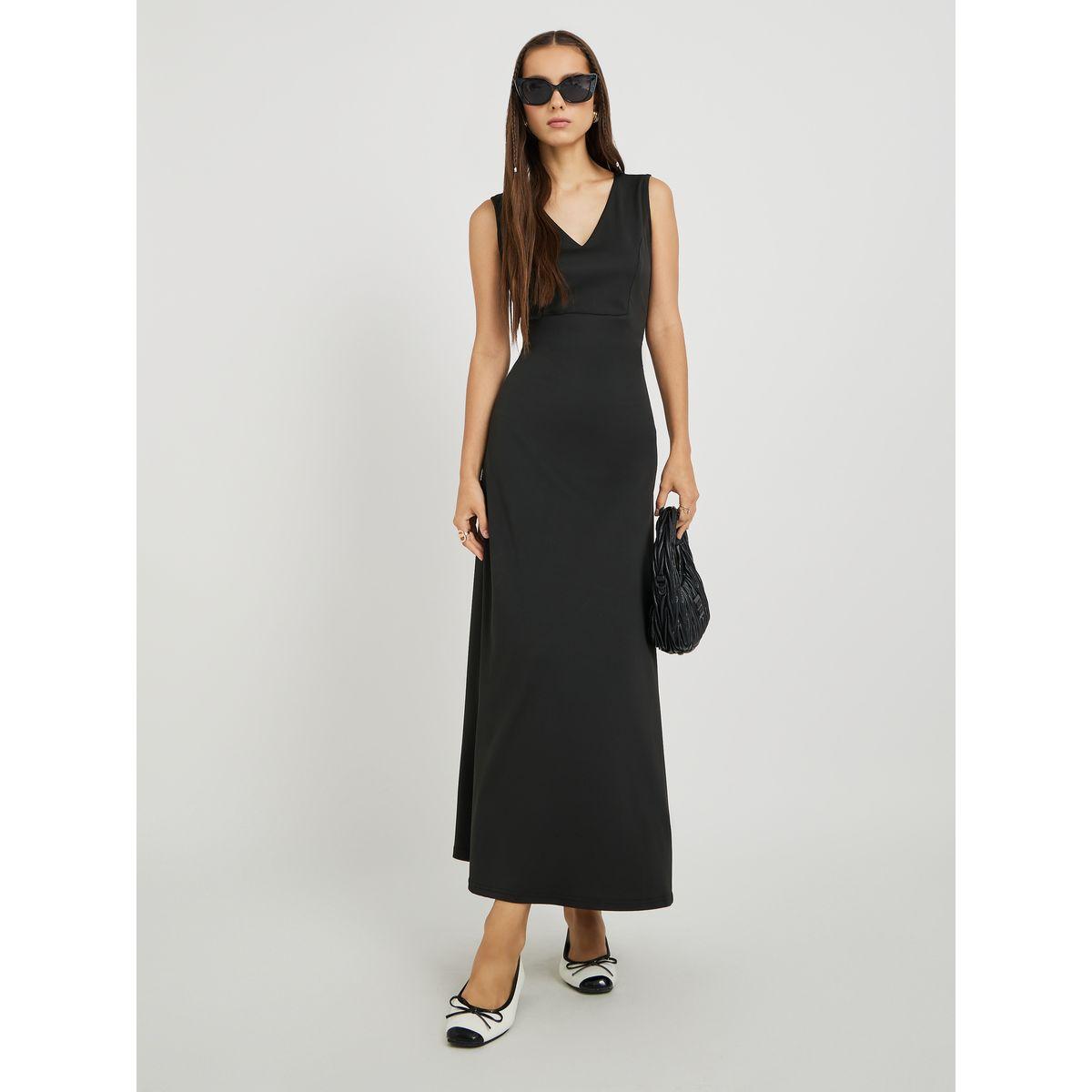 Styli Solid Sleeveless V-Neck Maxi Dress-women-clothing-dresses-image-1