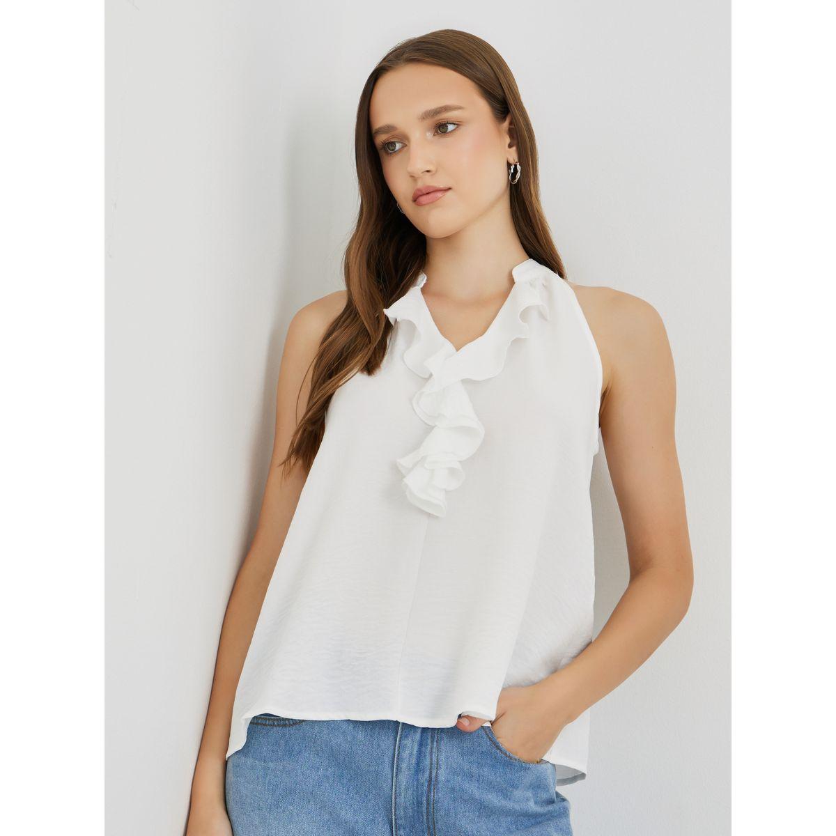 Styli Solid Sleeveless Ruffle Detail Top-women-clothing-shirtsandblouses-blouses-image-1