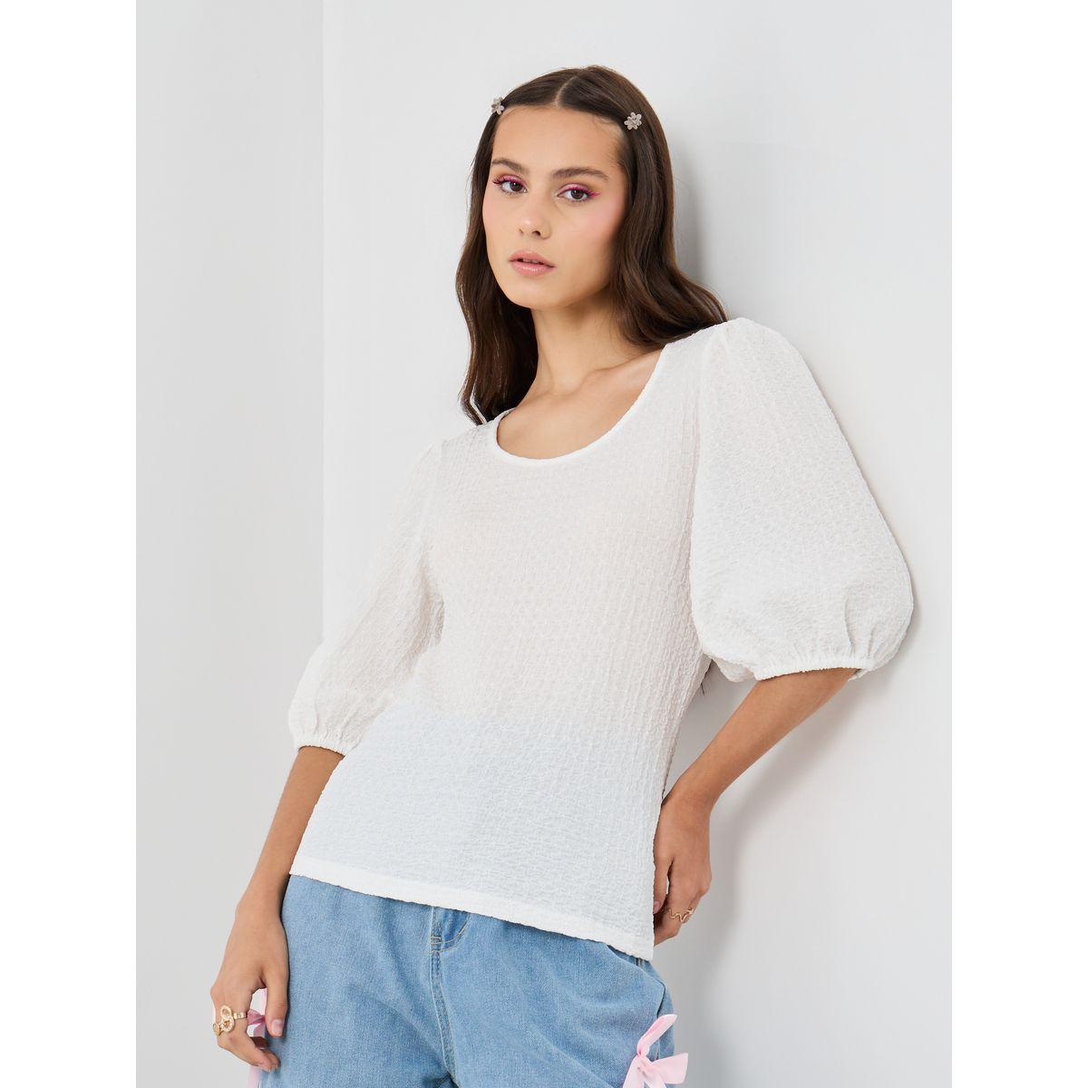 Styli Texture Balloon Sleeve Round Neck Blouse-women-clothing-shirtsandblouses-blouses-image-1