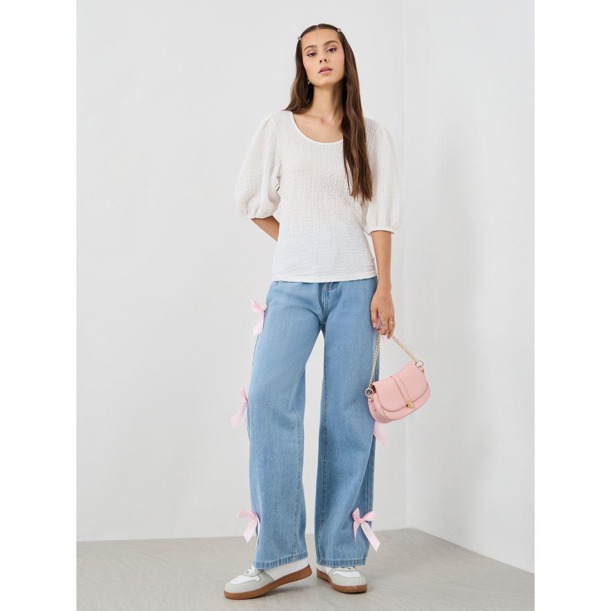Styli Texture Balloon Sleeve Round Neck Blouse-women-clothing-shirtsandblouses-blouses-image-2