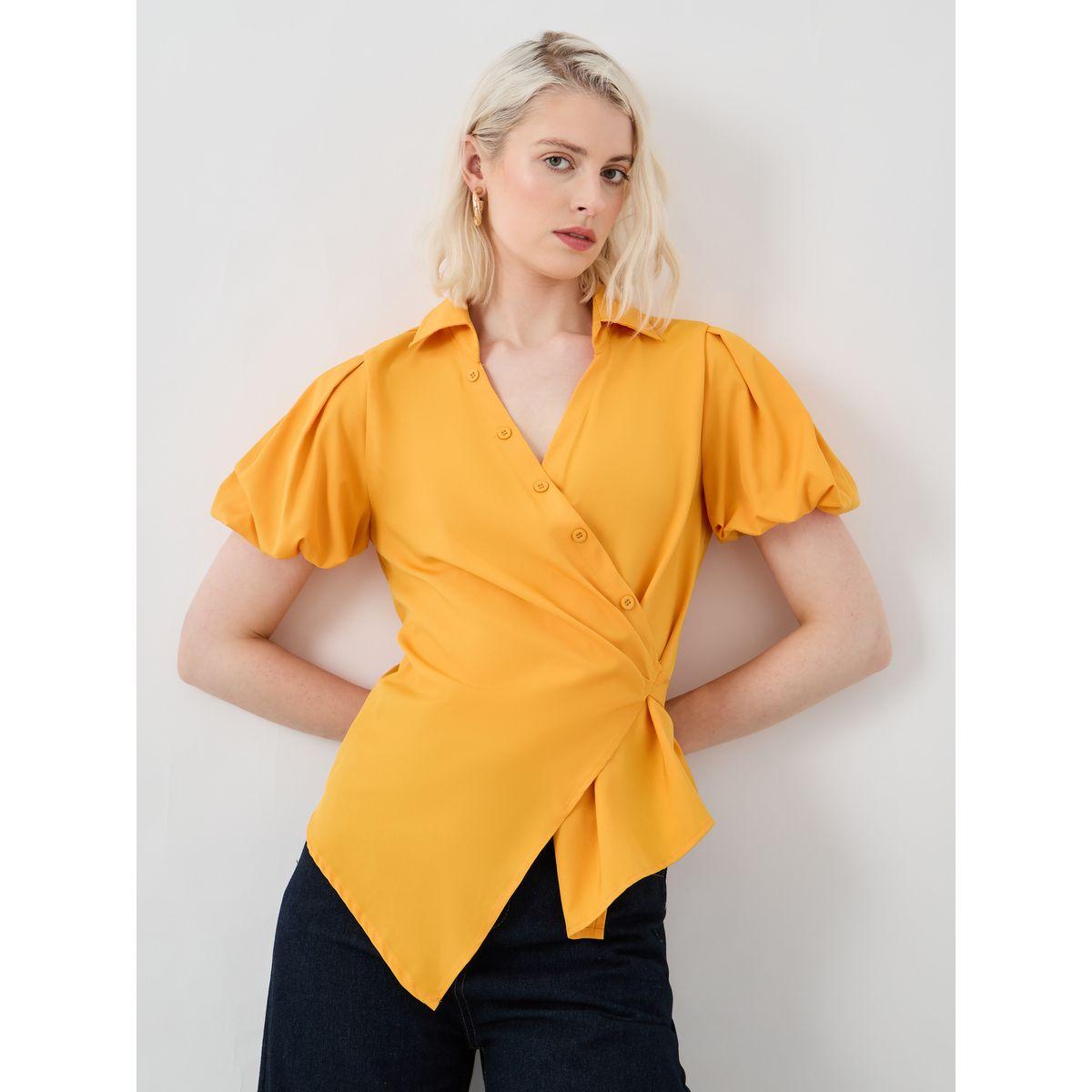 بلوزة سادة بنمط لف وأكمام منفوخة-women-clothing-shirtsandblouses-blouses-image-1
