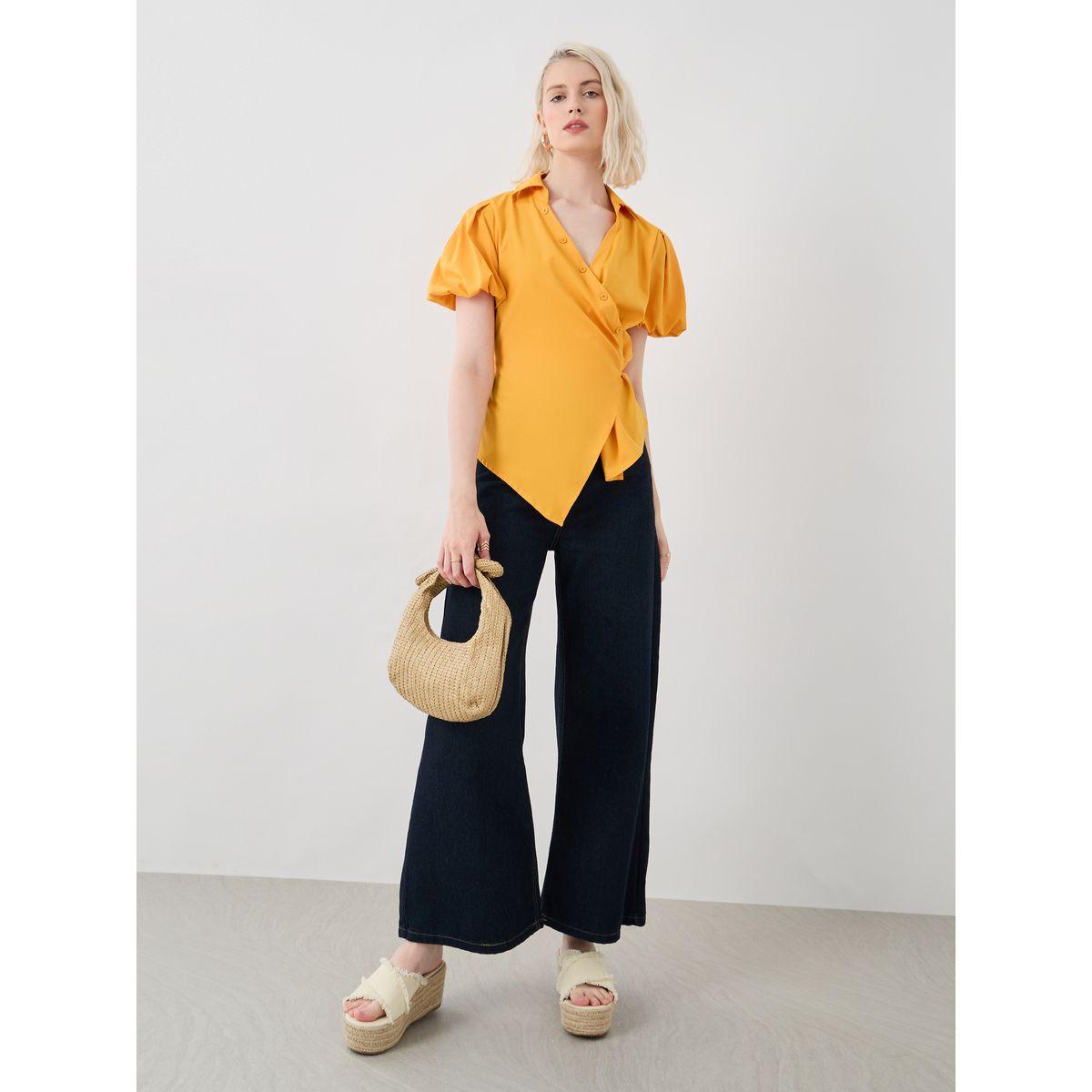 Styli Solid Puff Sleeve V-Neck Wrap Top-women-clothing-shirtsandblouses-blouses-image-2
