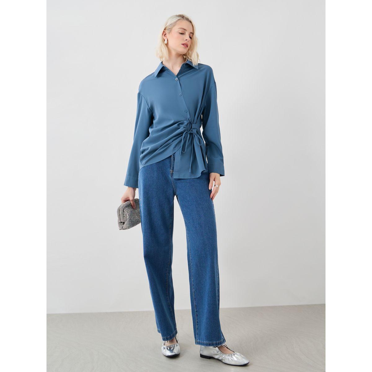 Styli Solid Buttoned Top with Tie-Up Detail-women-clothing-shirtsandblouses-blouses-image-2