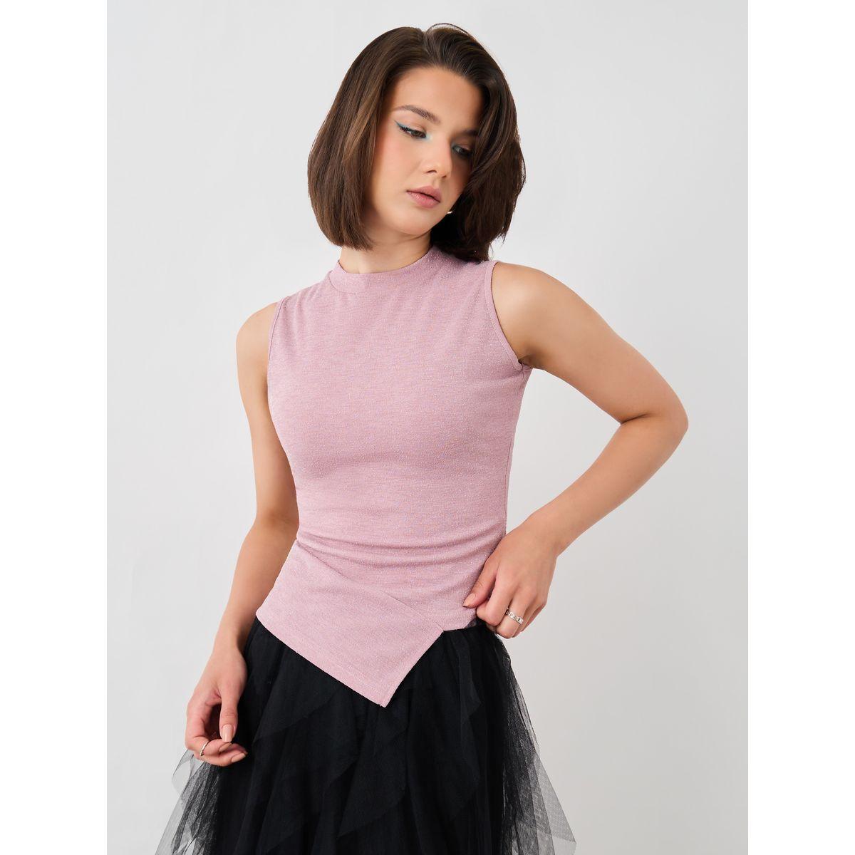 بلوزة محبوكة سادة بلا أكمام مع حافة غير متماثلة الطول-women-clothing-tshirts-image-1