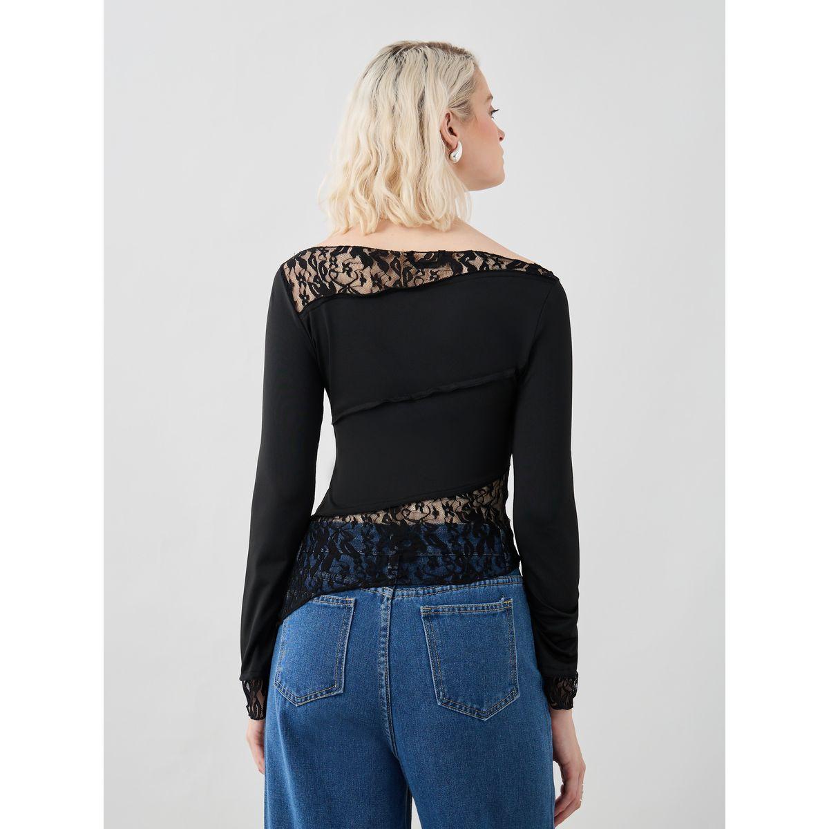 بلوزة سادة بحافة غير متماثلة الطول وتفاصيل دانتيل-women-clothing-shirtsandblouses-blouses-image-5
