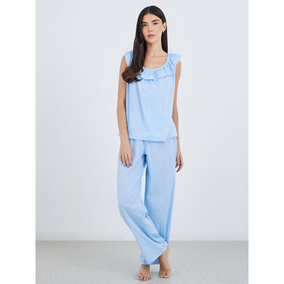 Styli Textured Cotton Ruffle Neck Top and Pyjama Set-women-clothing-nightwear-pyjamas-longsets-image-2