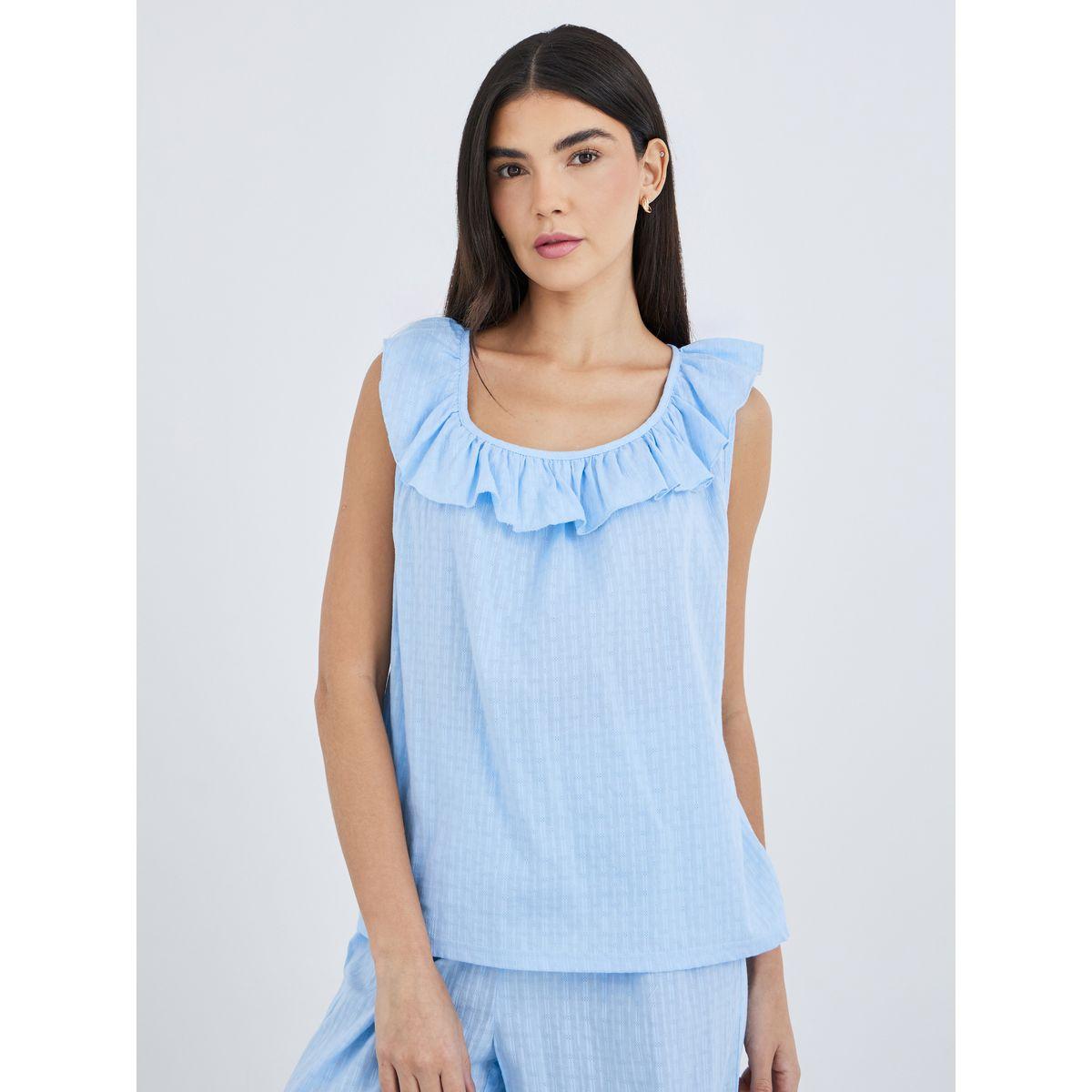 Styli Textured Cotton Ruffle Neck Top and Pyjama Set-women-clothing-nightwear-pyjamas-longsets-image-3