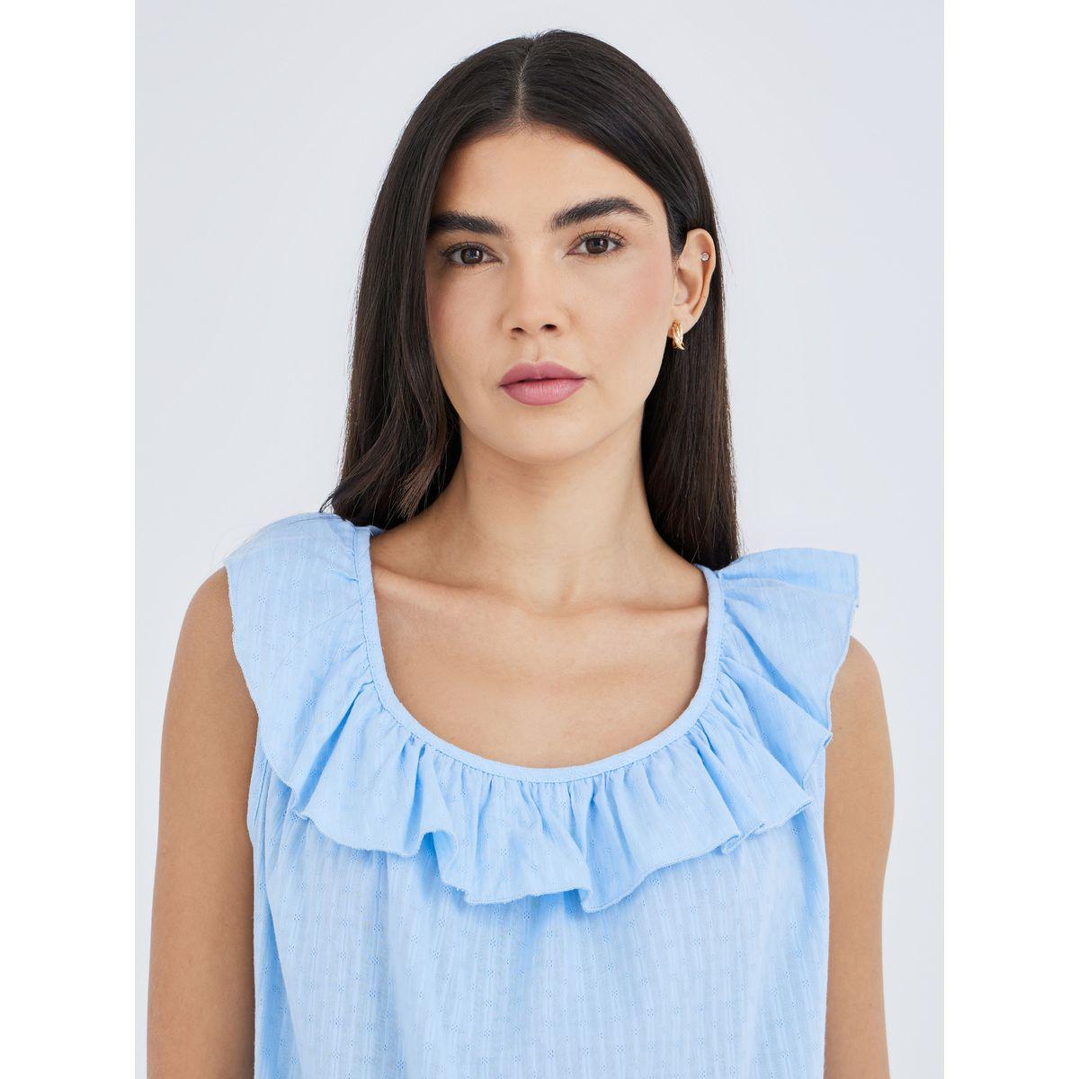 Styli Textured Cotton Ruffle Neck Top and Pyjama Set-women-clothing-nightwear-pyjamas-longsets-image-4