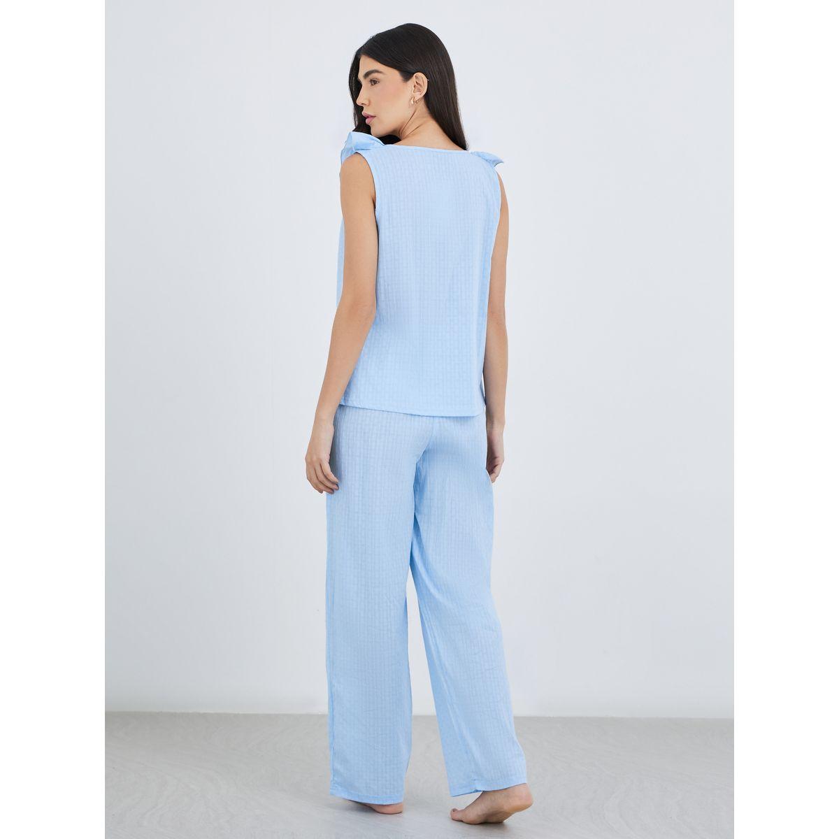 Styli Textured Cotton Ruffle Neck Top and Pyjama Set-women-clothing-nightwear-pyjamas-longsets-image-6