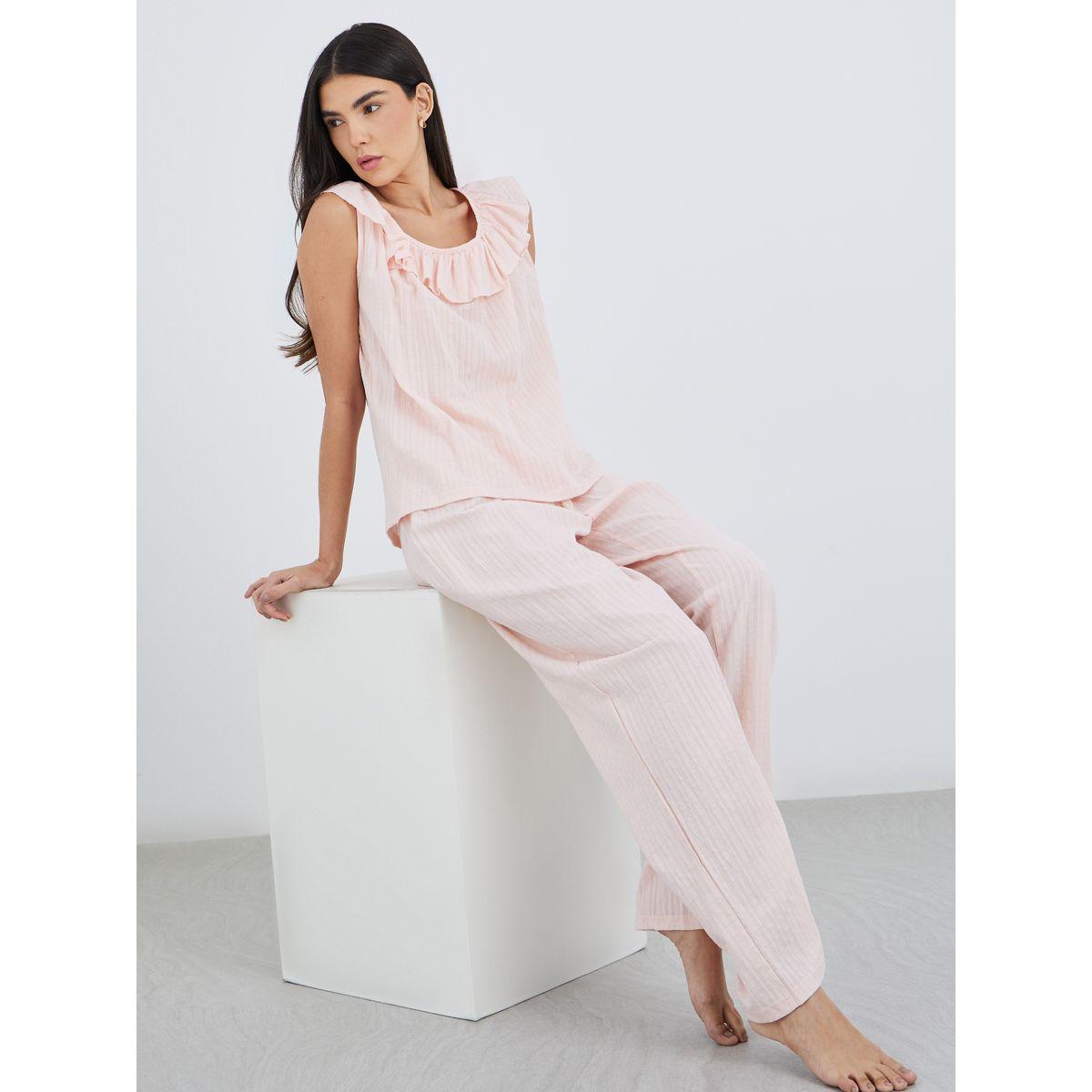 طقم من بنطال بيجاما وبلوزة قطن بياقة كشكش-women-clothing-nightwear-pyjamas-longsets-image-1