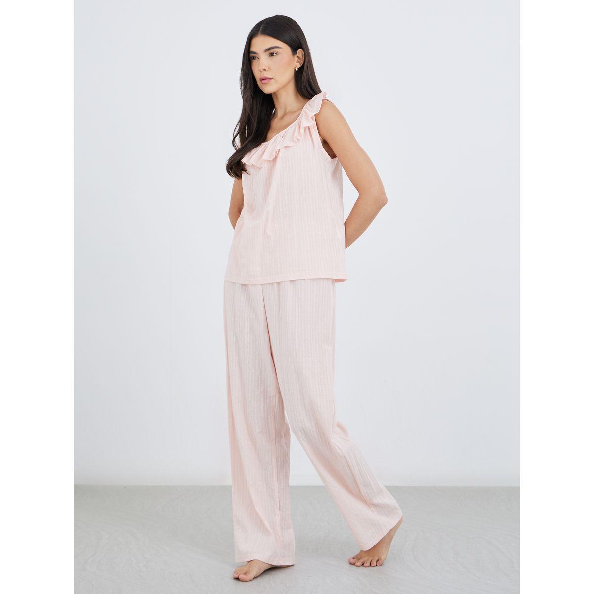 Styli Textured Cotton Ruffle Neck Top and Pyjama Set-women-clothing-nightwear-pyjamas-longsets-image-2