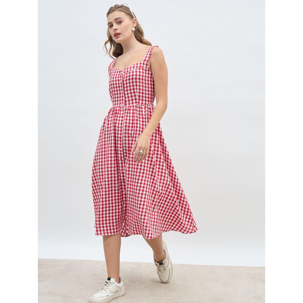 فستان ميدي بطبعة جينغام وحافة واسعة-women-clothing-dresses-image-1