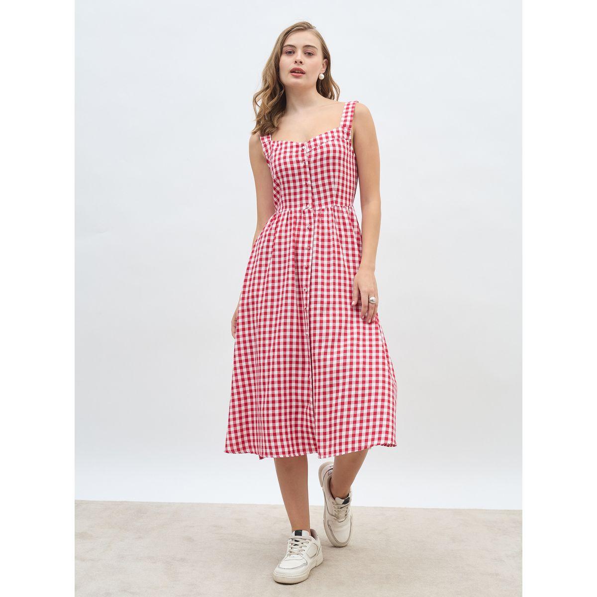 فستان ميدي بطبعة جينغام وحافة واسعة-women-clothing-dresses-image-2