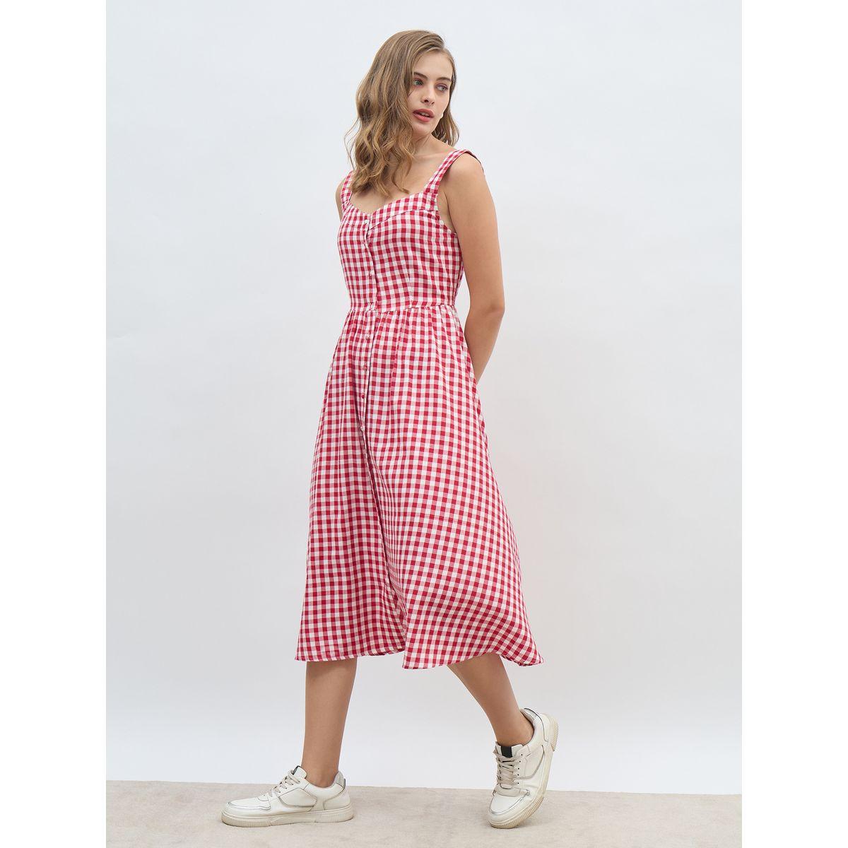 فستان ميدي بطبعة جينغام وحافة واسعة-women-clothing-dresses-image-3