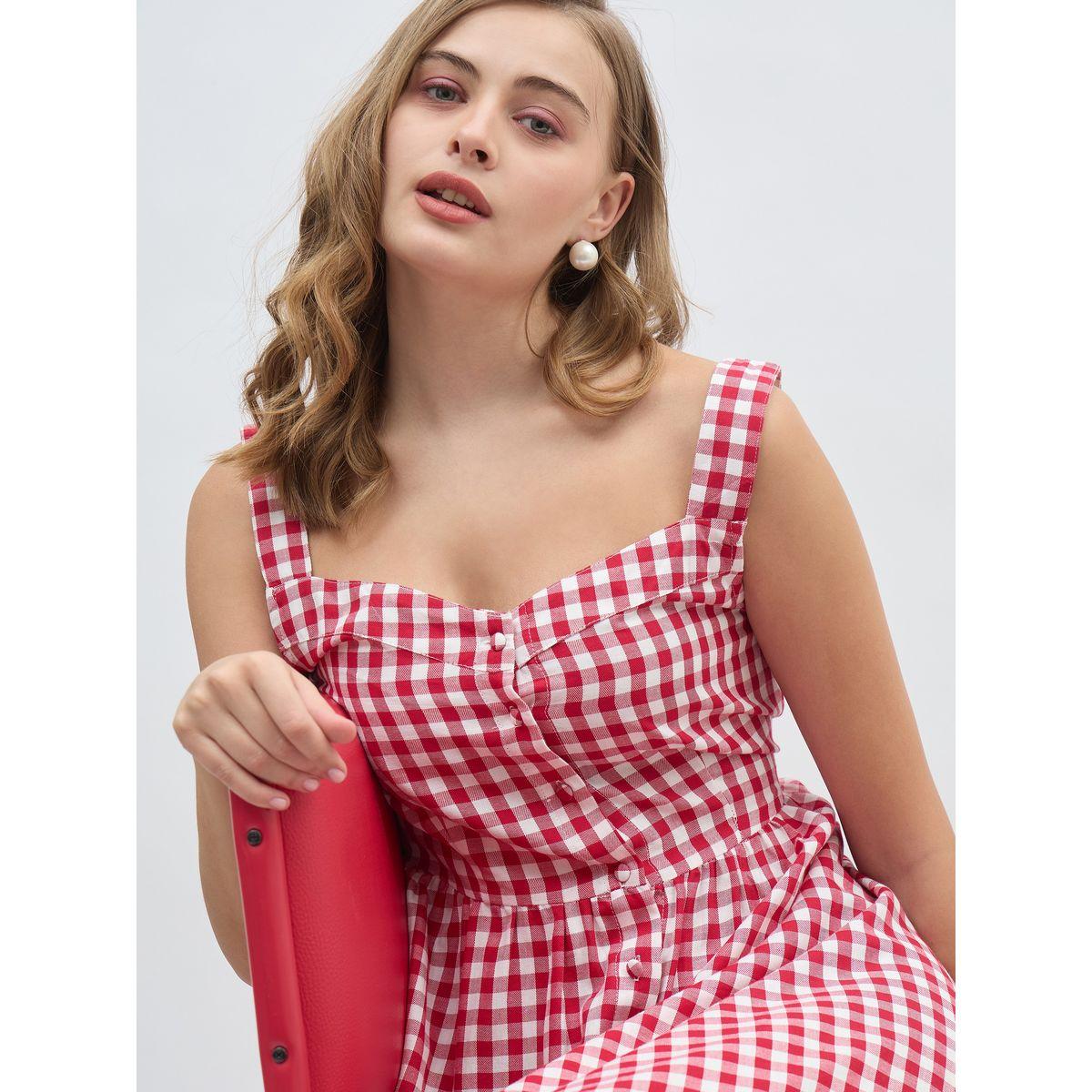 فستان ميدي بطبعة جينغام وحافة واسعة-women-clothing-dresses-image-4
