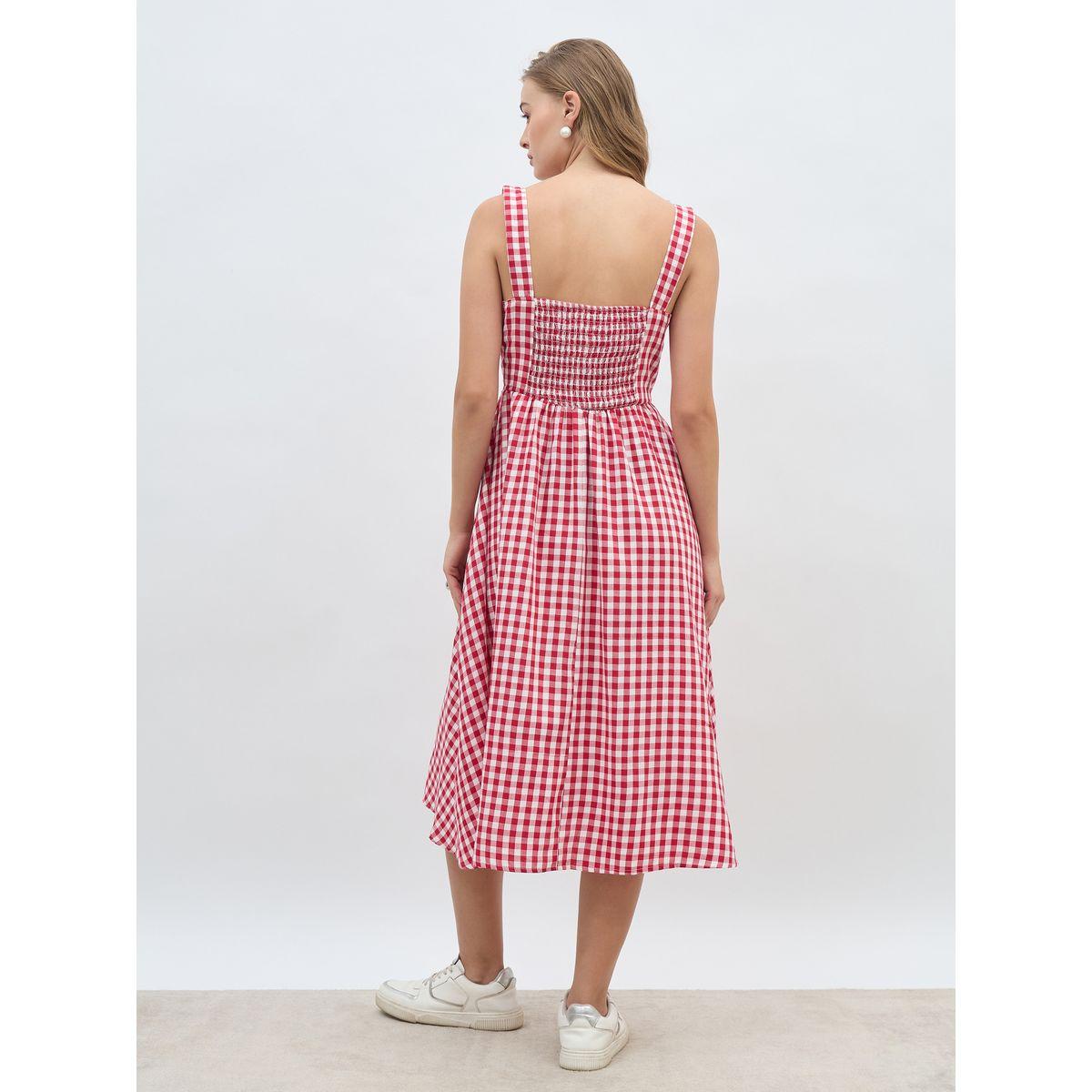 فستان ميدي بطبعة جينغام وحافة واسعة-women-clothing-dresses-image-5