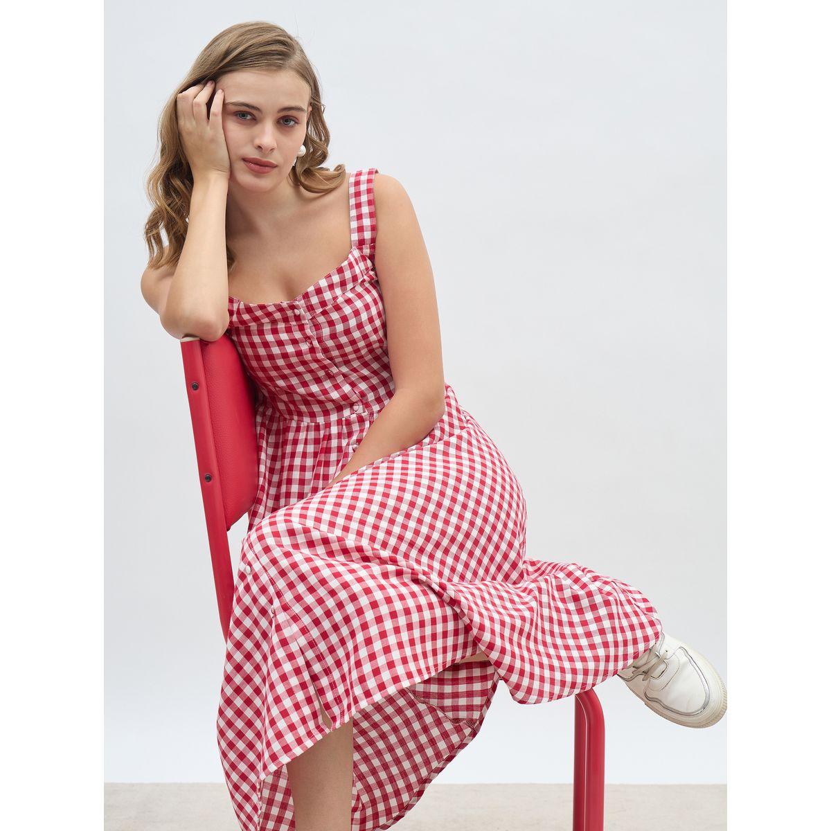 فستان ميدي بطبعة جينغام وحافة واسعة-women-clothing-dresses-image-6
