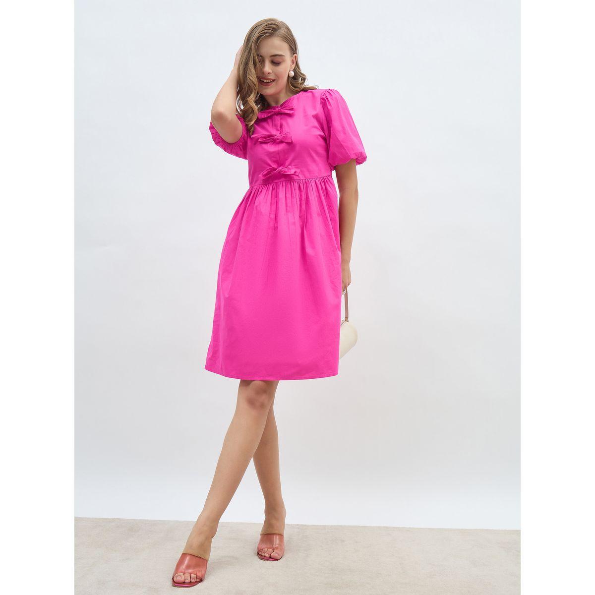 فستان بطول الركبة وأكمام منفوخة مع ربطة فيونكة-women-clothing-dresses-image-1
