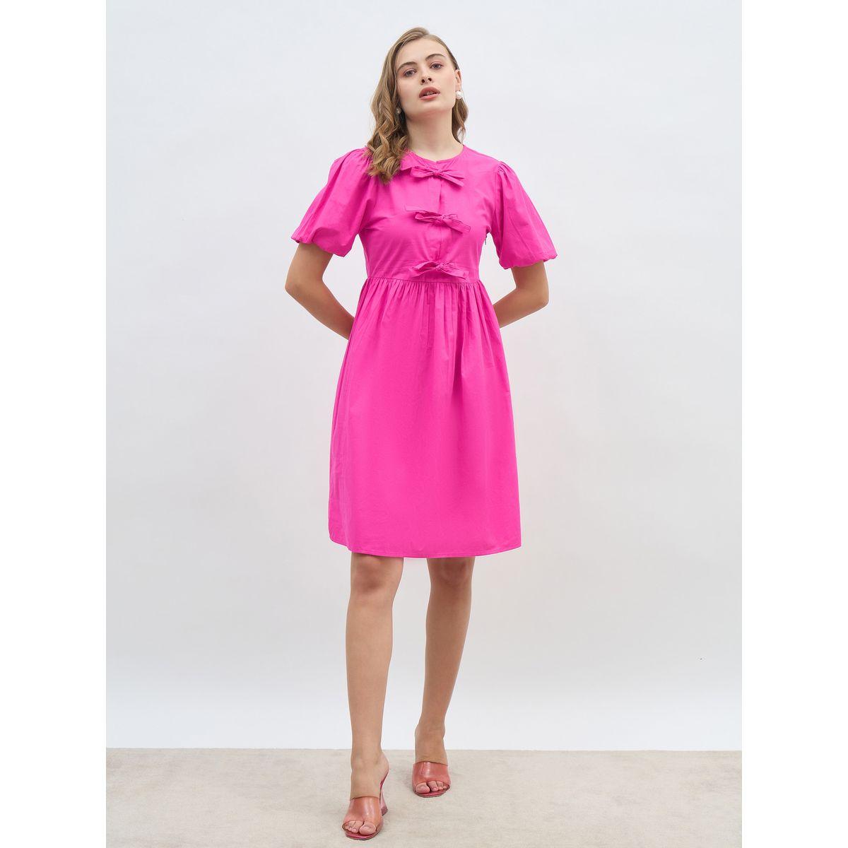 فستان بطول الركبة وأكمام منفوخة مع ربطة فيونكة-women-clothing-dresses-image-2
