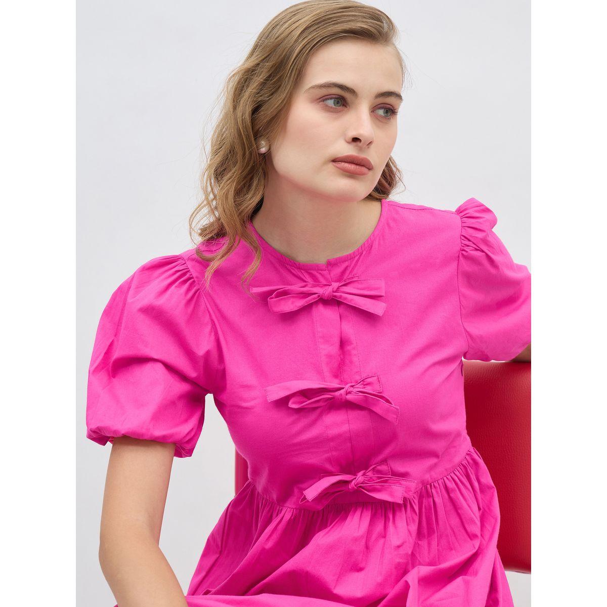 Styli Puff Sleeve Tie-Up Bow Detail Knee Length Dress-women-clothing-dresses-image-4
