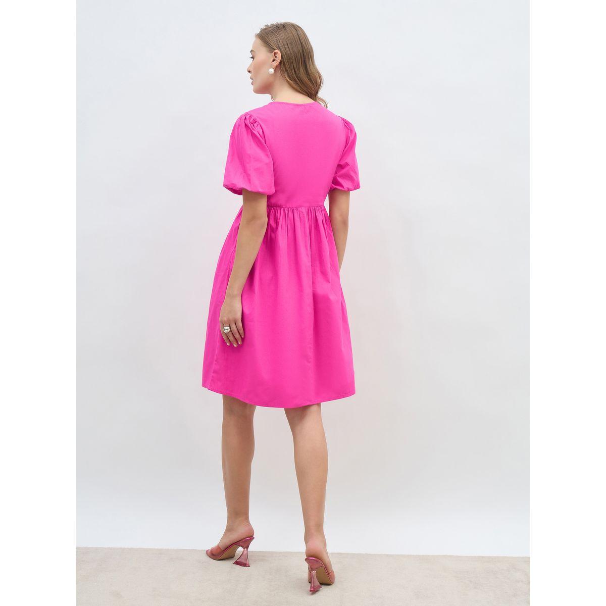 فستان بطول الركبة وأكمام منفوخة مع ربطة فيونكة-women-clothing-dresses-image-5