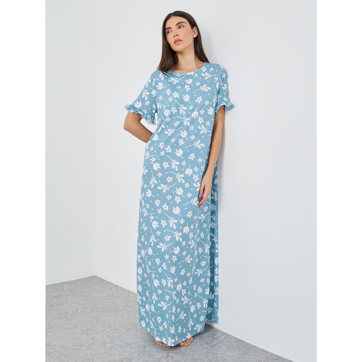 Styli Ruffle Sleeve Tropical Print Sleep T-Shirt Dress-women-clothing-nightwear-nighties-image-1