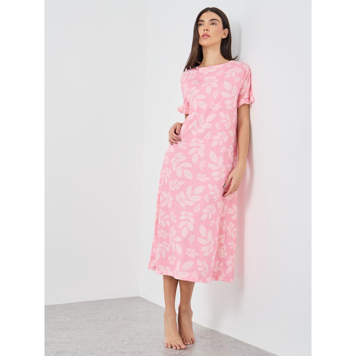 Styli Ruffle Sleeve Leafy Print Sleep T-Shirt Dress-women-clothing-nightwear-nighties-image-1