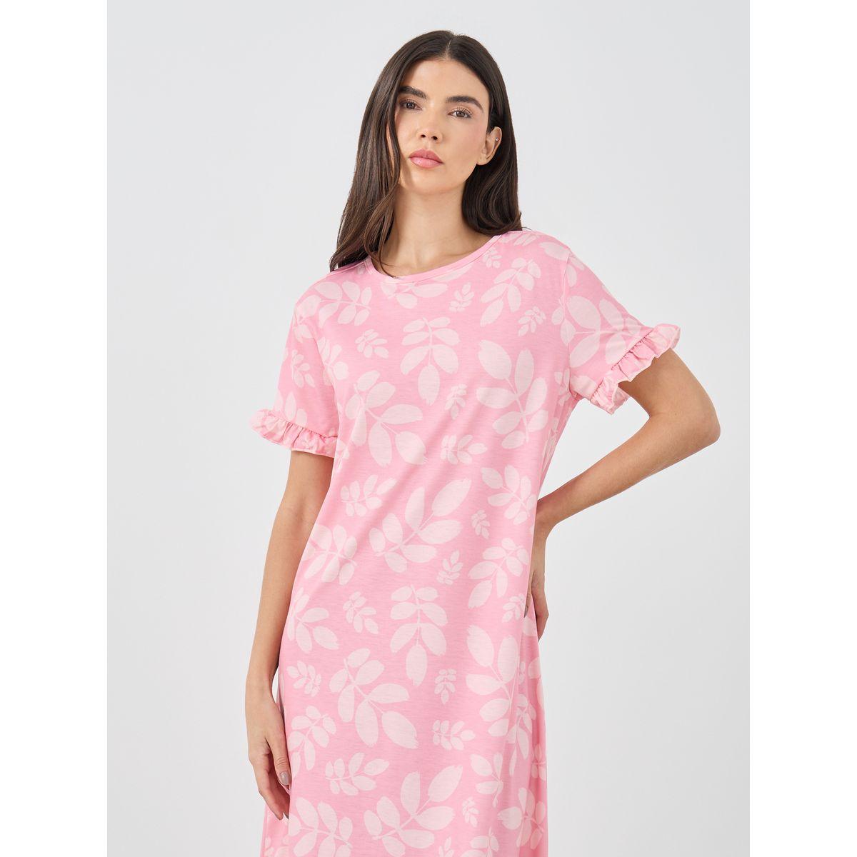 Styli Ruffle Sleeve Leafy Print Sleep T-Shirt Dress-women-clothing-nightwear-nighties-image-2