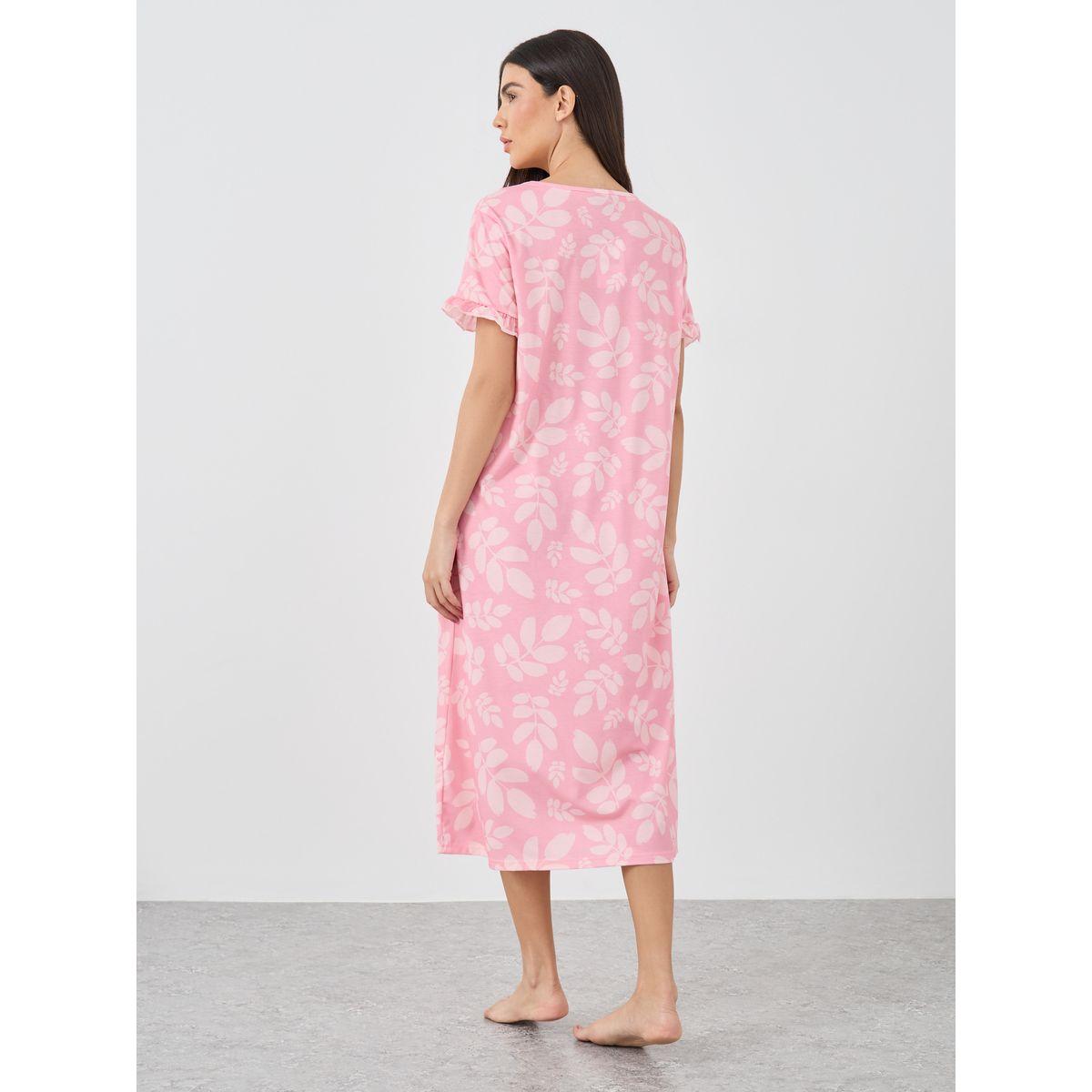 Styli Ruffle Sleeve Leafy Print Sleep T-Shirt Dress-women-clothing-nightwear-nighties-image-4