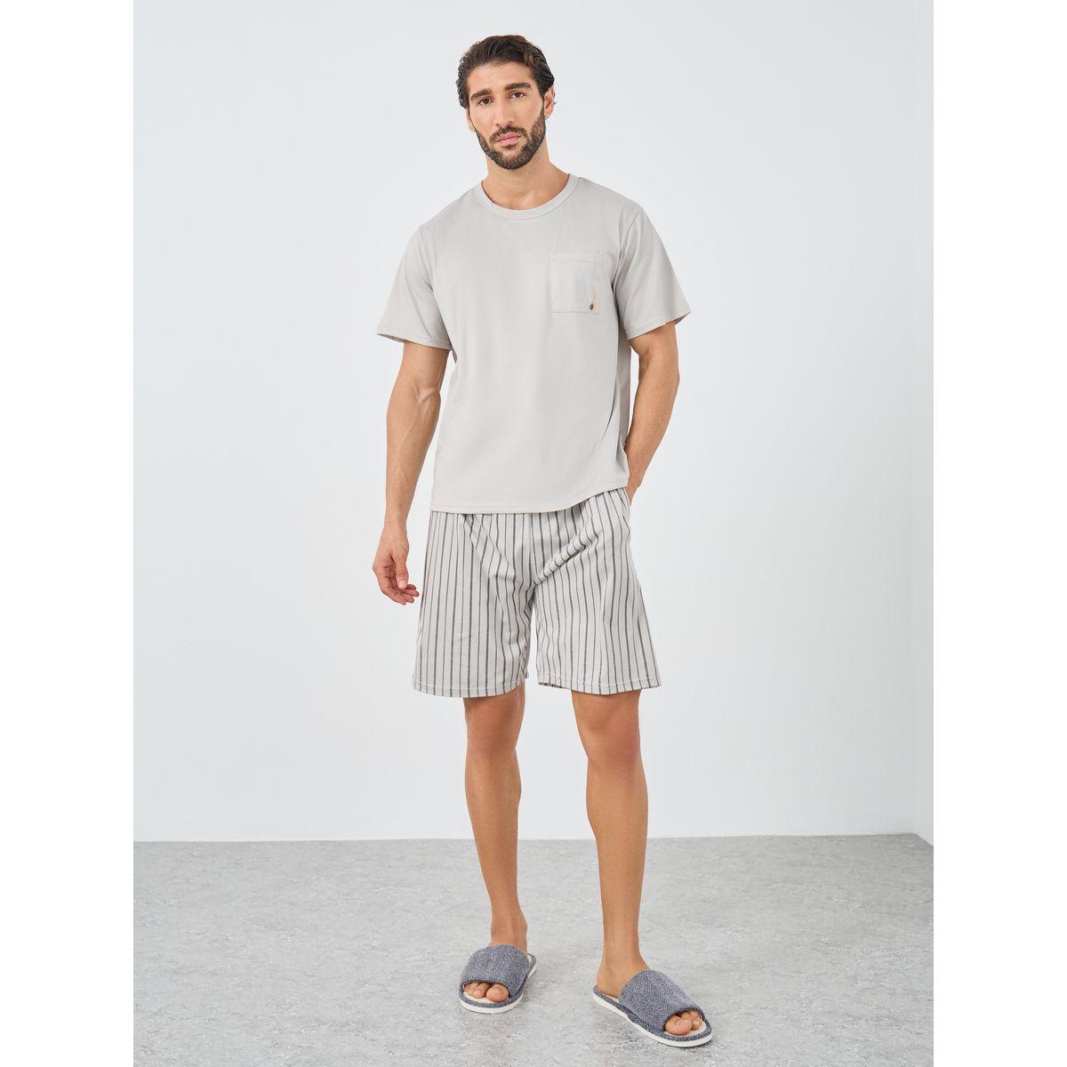 Styli Solid Pocket Detail T-Shirt and Striped Shorts Set-men-clothing-nightwear-sets-image-1