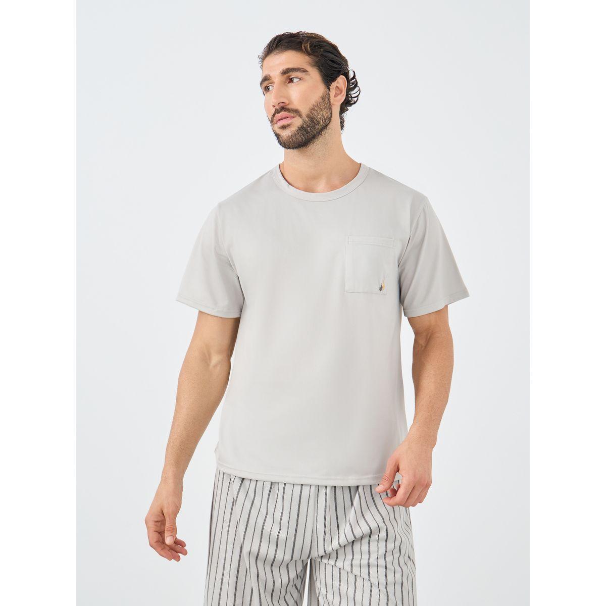 Styli Solid Pocket Detail T-Shirt and Striped Shorts Set-men-clothing-nightwear-sets-image-2