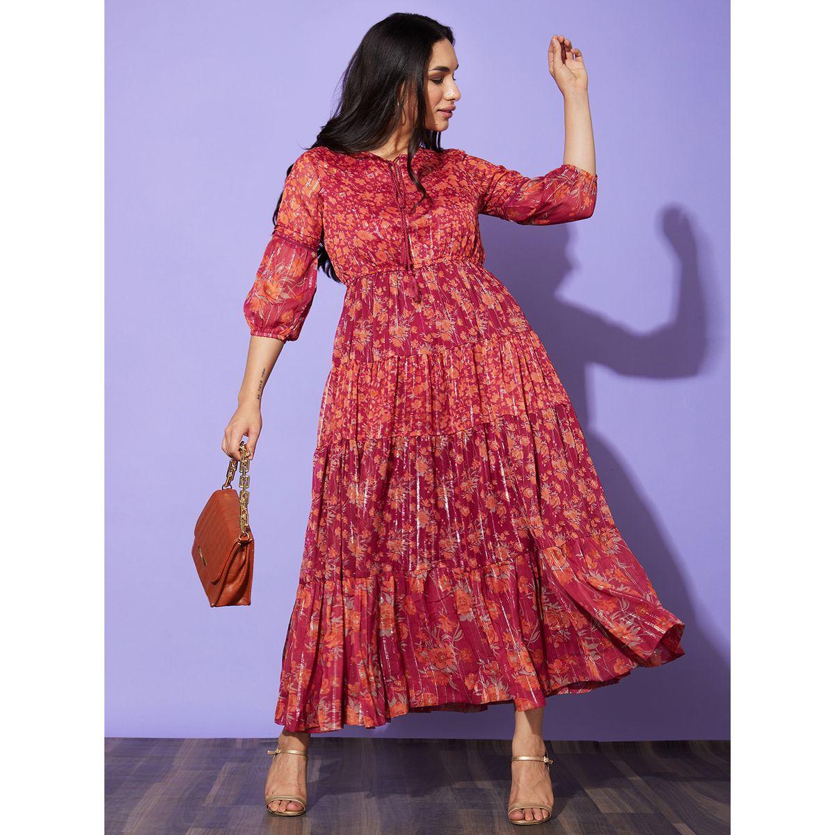 Globus Floral Print Round Neck A-Line Maxi Dress-women-clothing-dresses-image-1