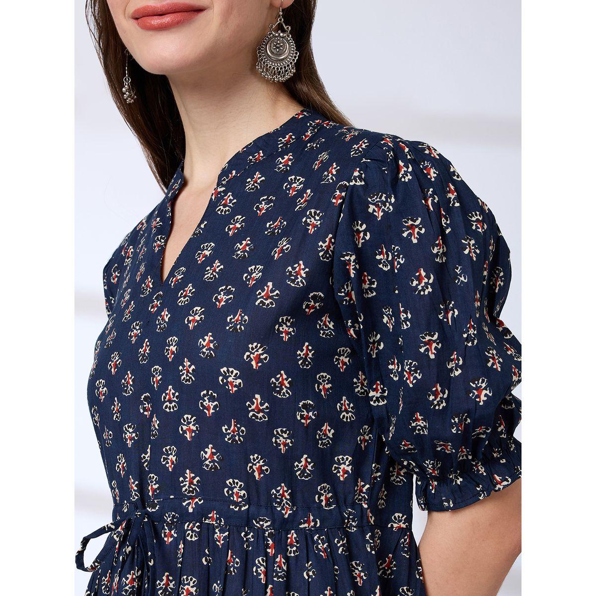 Globus Printed Puff Sleeves Waist Tie-Up Tiered Maxi Dress-women-clothing-dresses-image-4