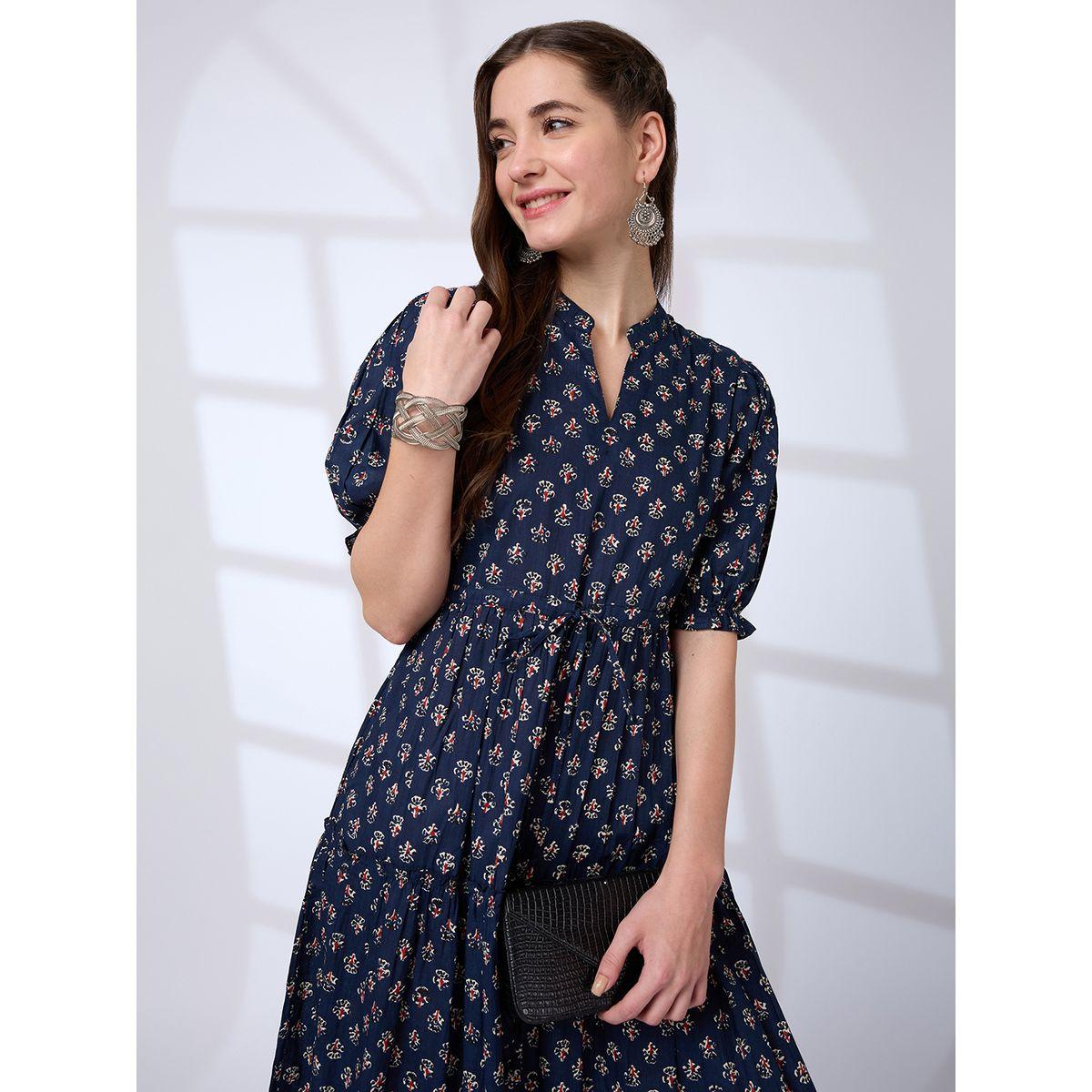 Globus Printed Puff Sleeves Waist Tie-Up Tiered Maxi Dress-women-clothing-dresses-image-5