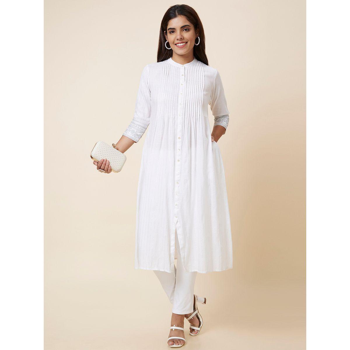 Globus Solid Mandarin Collar Pleated A-Line Kurta-women-clothing-ethnicwear-kurtas-image-1