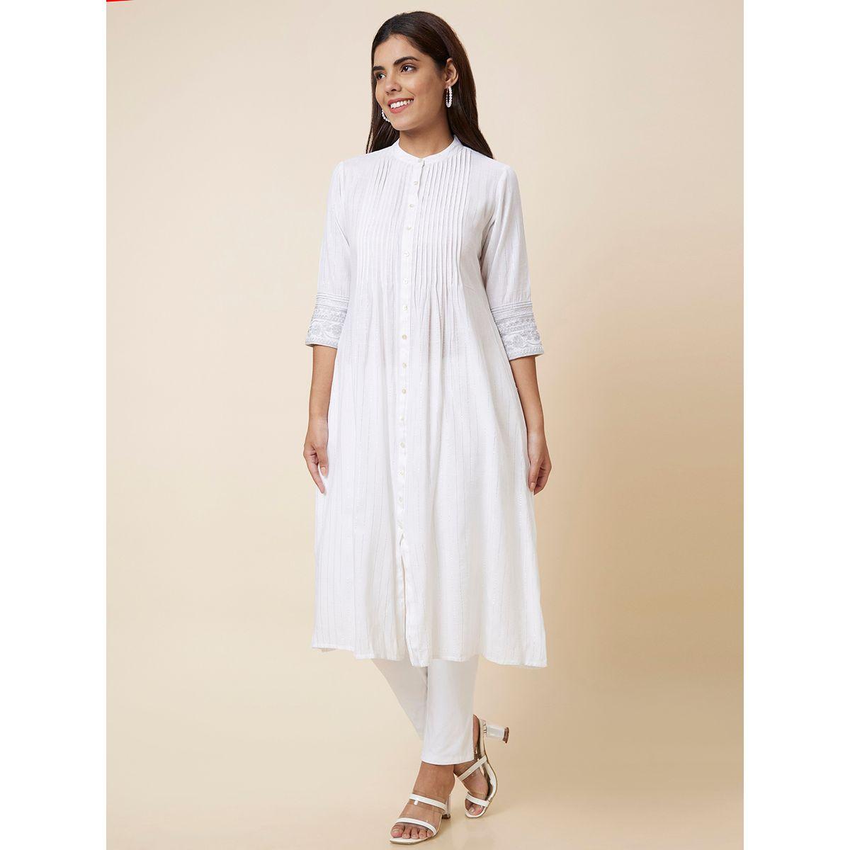 كورتا سادة بياقة ماندارين مع تفاصيل كسرات-women-clothing-ethnicwear-kurtas-image-3