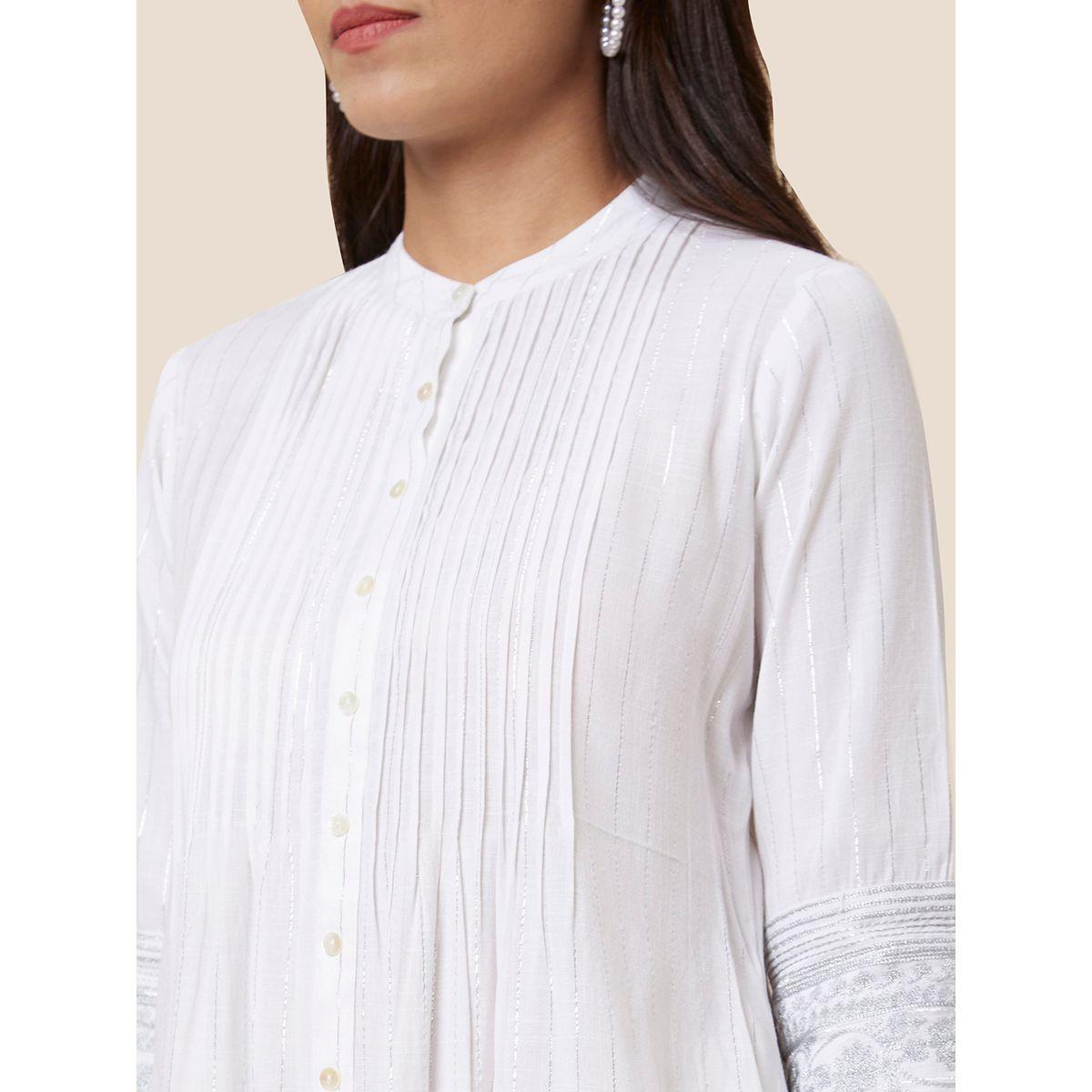 Globus Solid Mandarin Collar Pleated A-Line Kurta-women-clothing-ethnicwear-kurtas-image-5